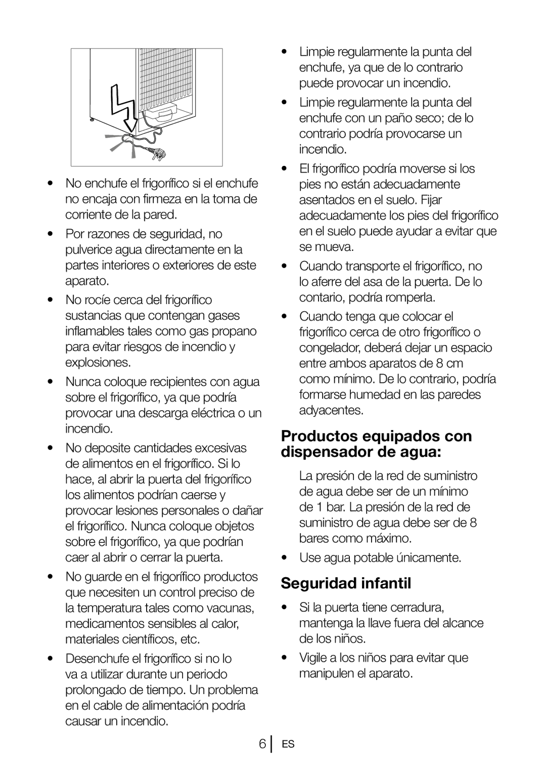 Blomberg BRFB1050FFBI manual Productos equipados con dispensador de agua, Seguridad infantil, Use agua potable únicamente 