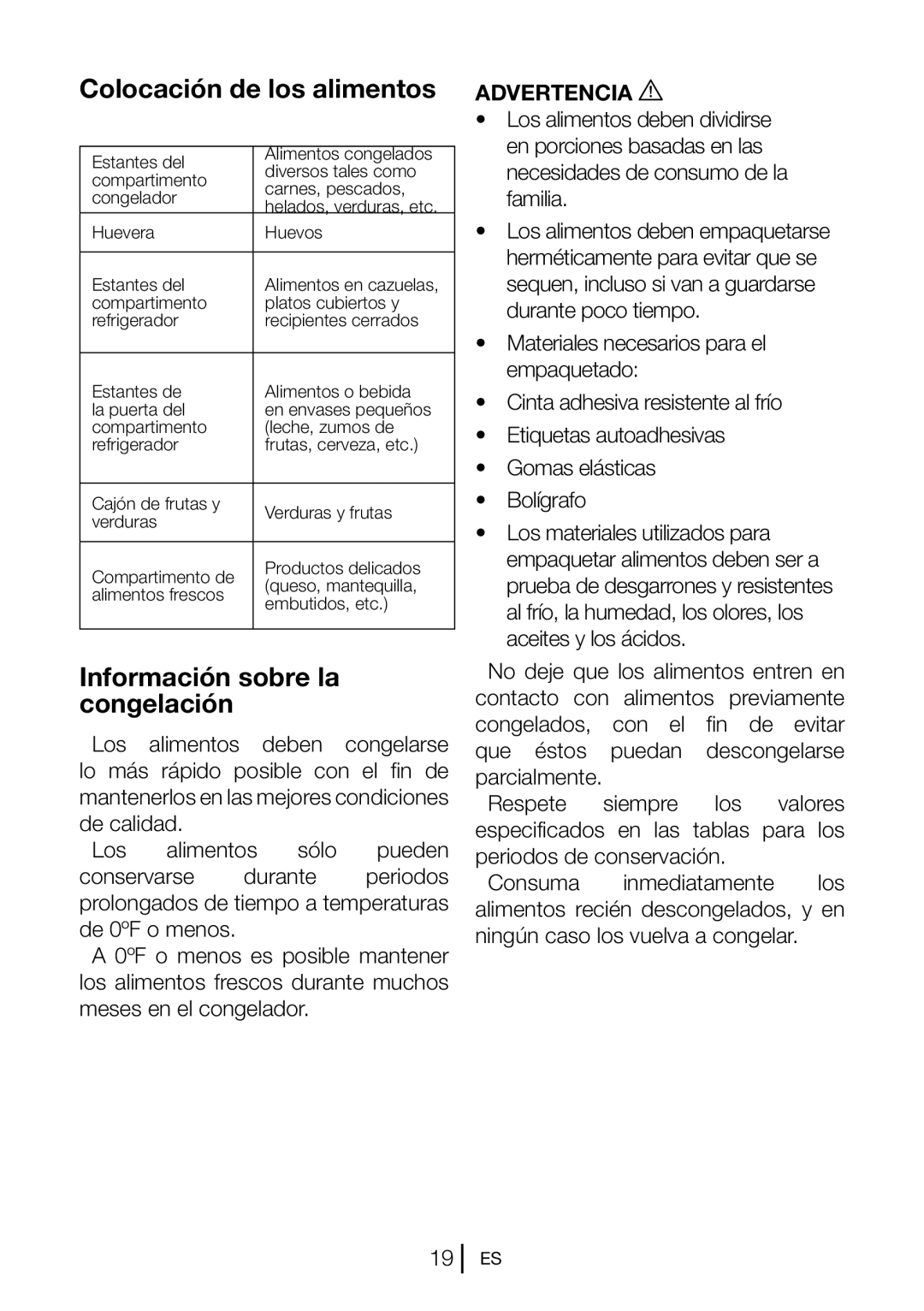 Blomberg BRFB1050FFBI manual Colocación de los alimentos, Información sobre la, Congelación 