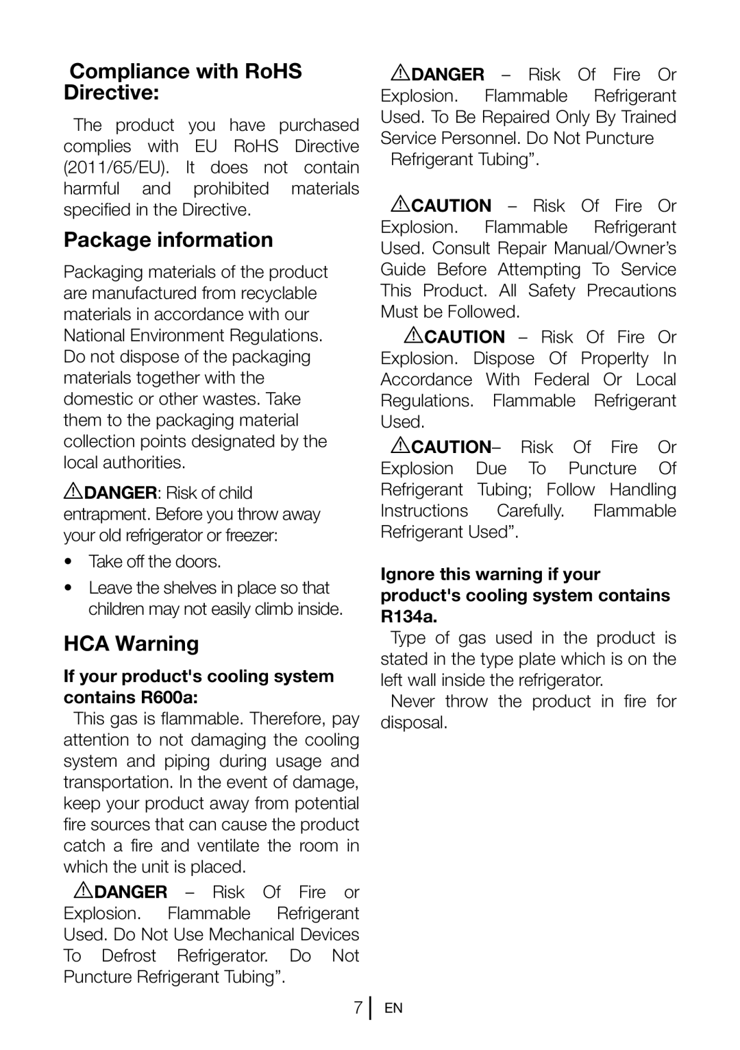 Blomberg BRFB1050FFBI manual Compliance with RoHS Directive, Package information, HCA Warning, Take off the doors 