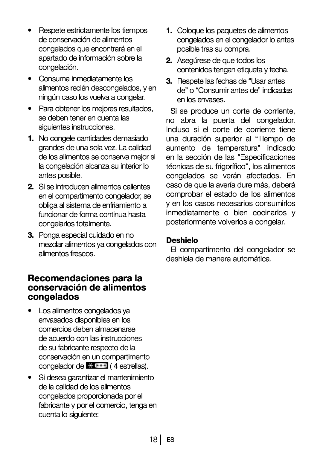 Blomberg BRFB1050FFBI manual Recomendaciones para la conservación de alimentos congelados, Deshielo 