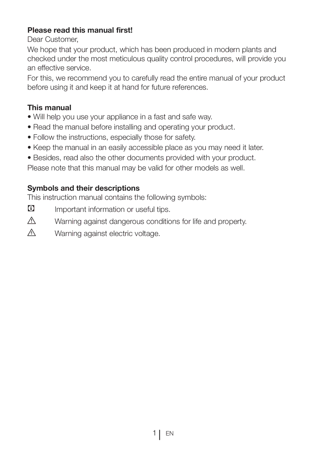 Blomberg BRFB1800WHIM, BRFB1800SSIM Please read this manual first, This manual, Symbols and their descriptions 