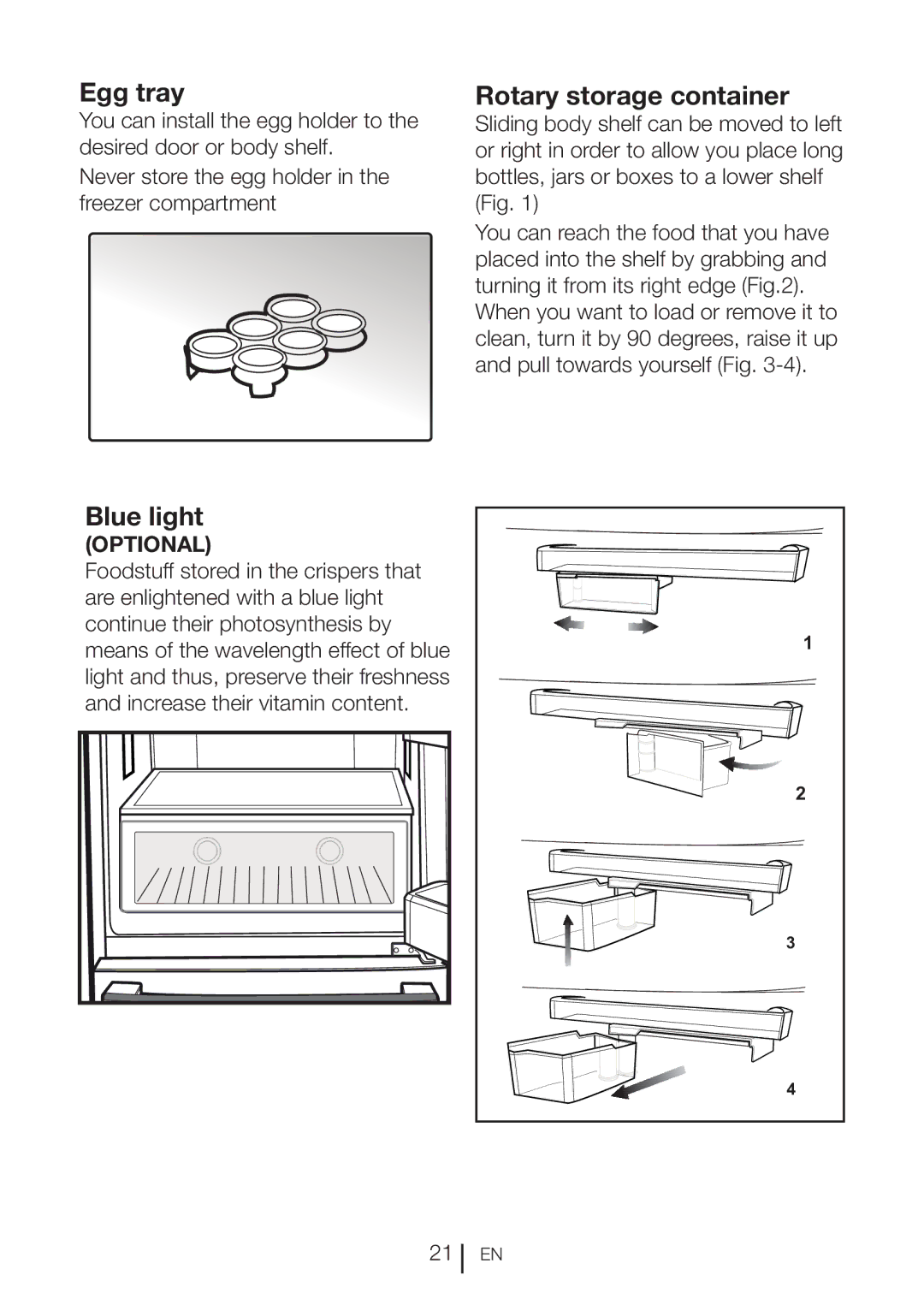 Blomberg BRFB1800SSIM, BRFB1800WHIM operating instructions Egg tray, Rotary storage container, Blue light 