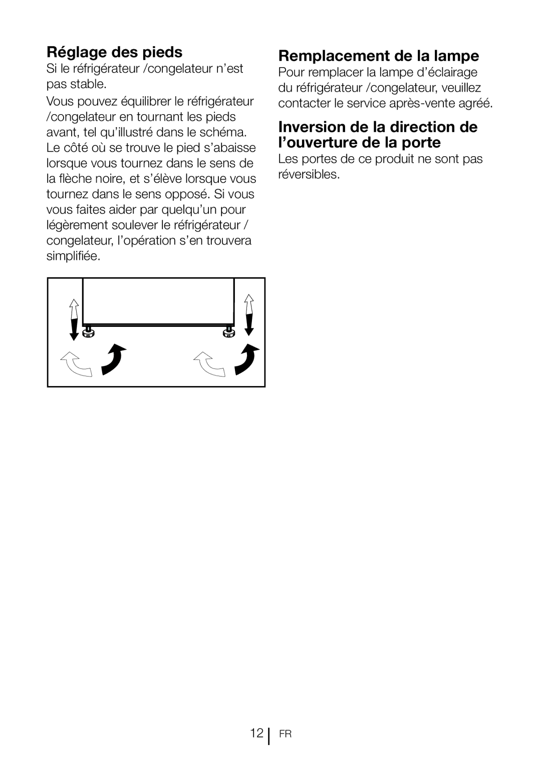 Blomberg BRFB1800SSIM Réglage des pieds, Remplacement de la lampe, Inversion de la direction de l’ouverture de la porte 