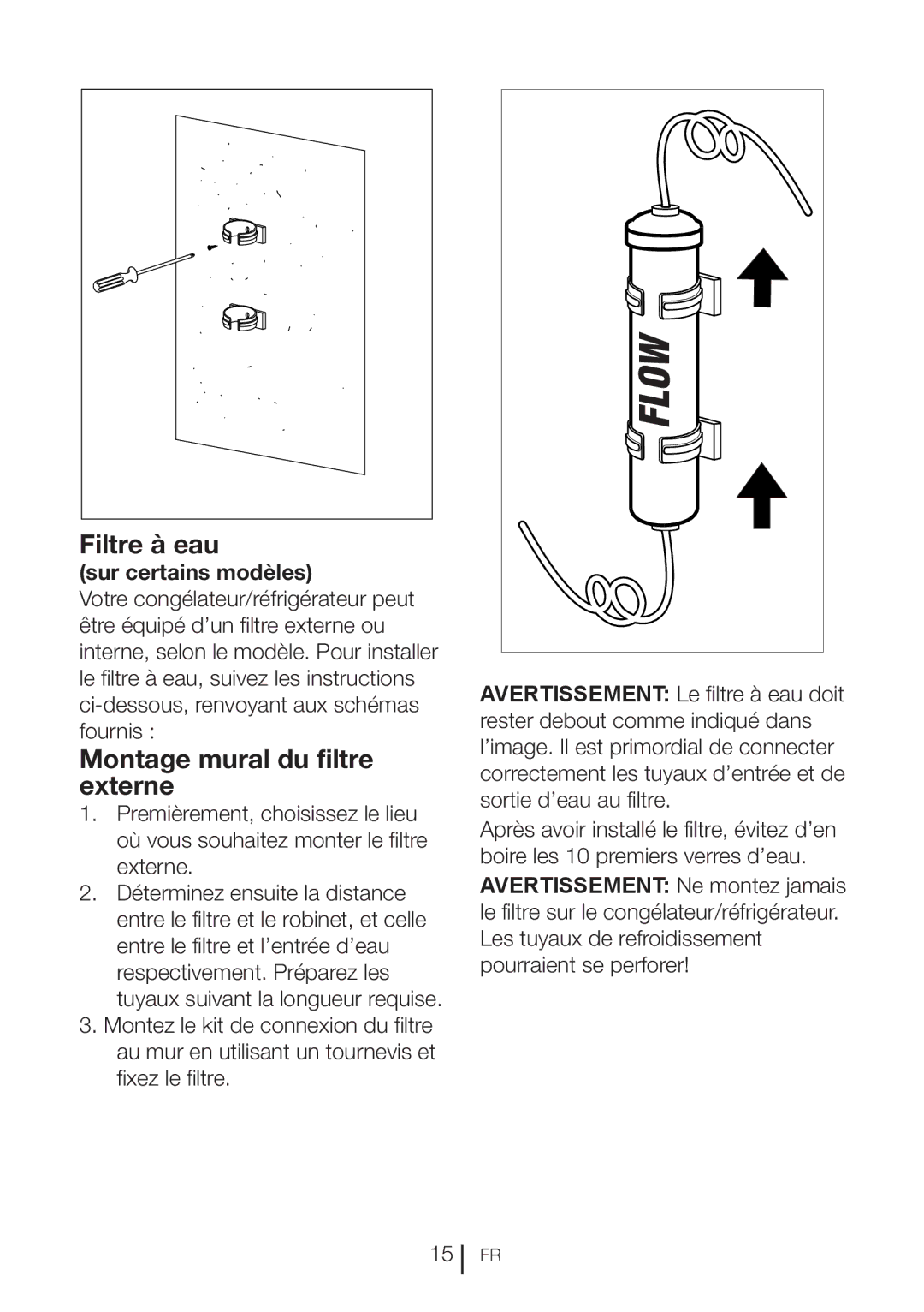 Blomberg BRFB1800SSIM, BRFB1800WHIM operating instructions Filtre à eau, Montage mural du filtre externe 