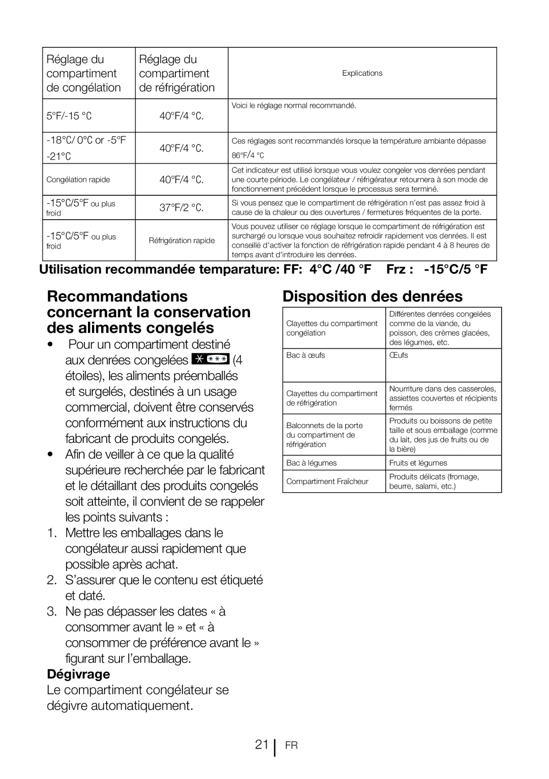 Blomberg BRFB1800SSIM, BRFB1800WHIM operating instructions Disposition des denrées, Pour un compartiment destiné, Dégivrage 