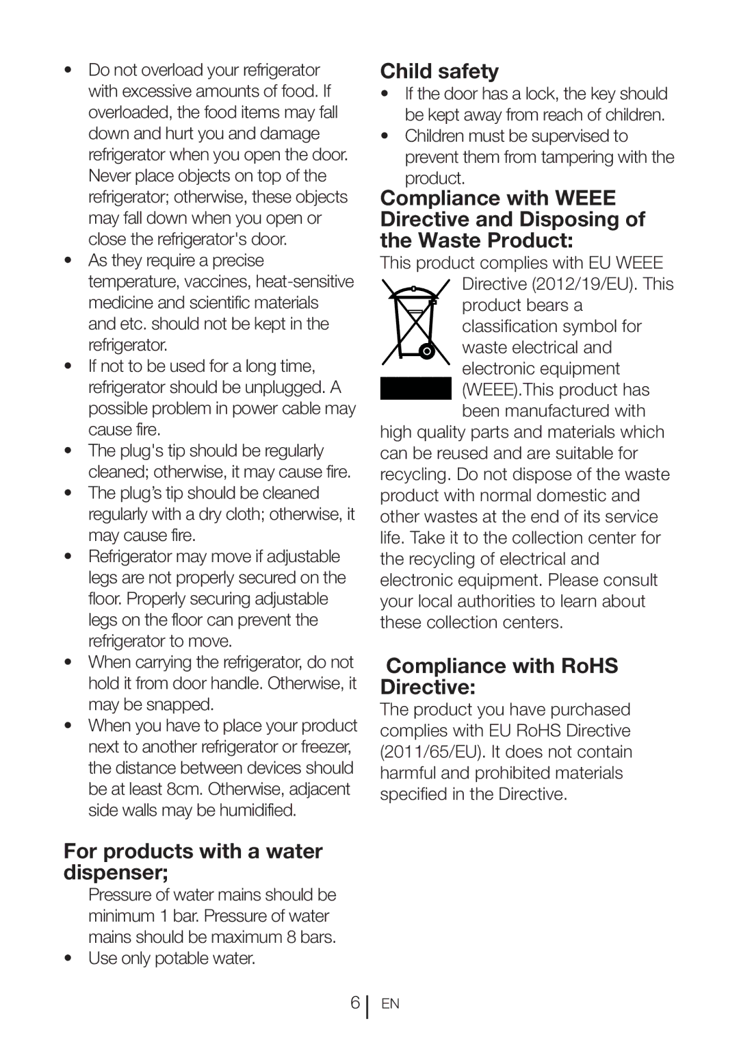 Blomberg BRFB1800SSIM, BRFB1800WHIM For products with a water dispenser, Child safety, Compliance with RoHS Directive 