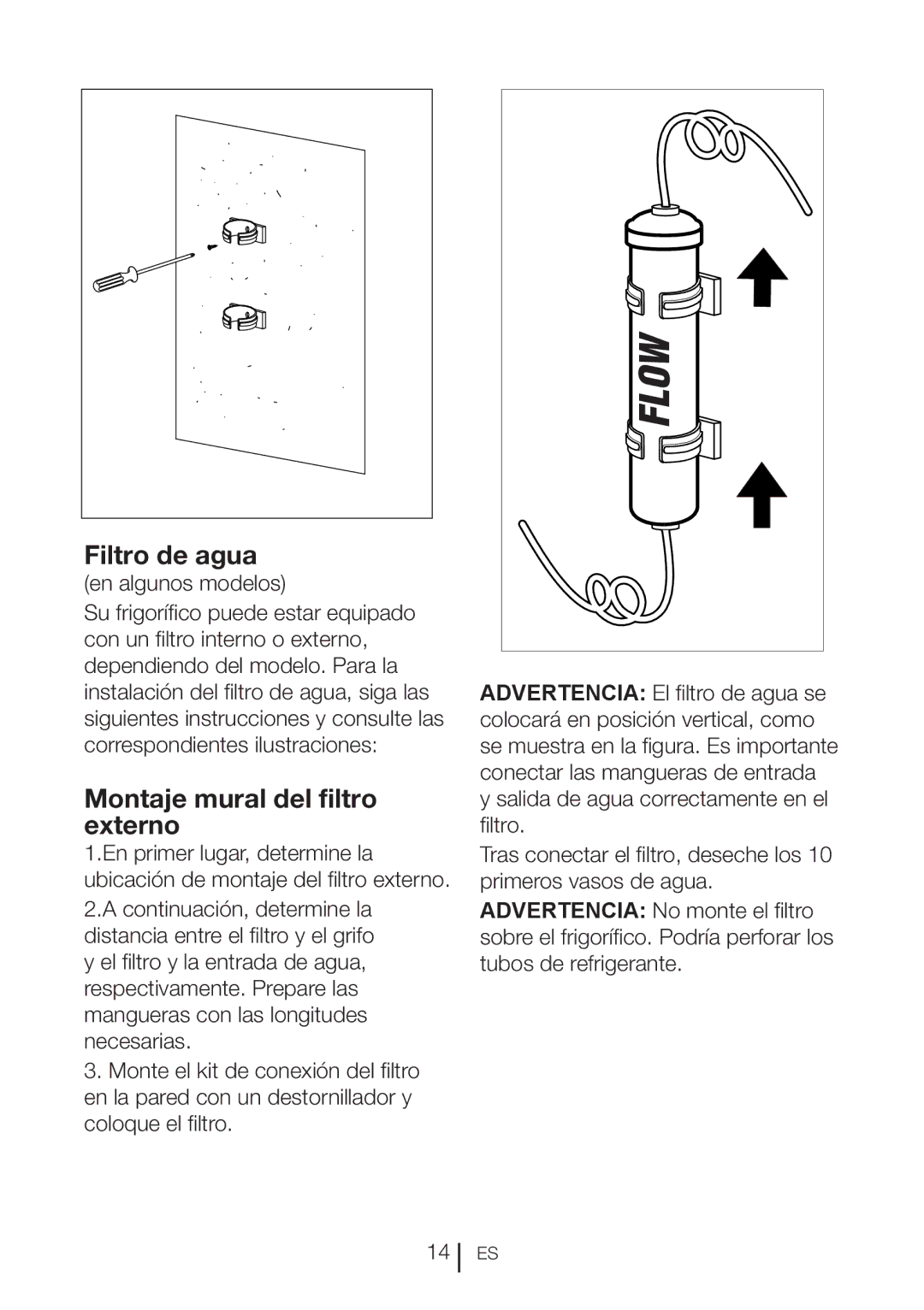 Blomberg BRFB1800WHIM, BRFB1800SSIM operating instructions Filtro de agua, Montaje mural del filtro externo 