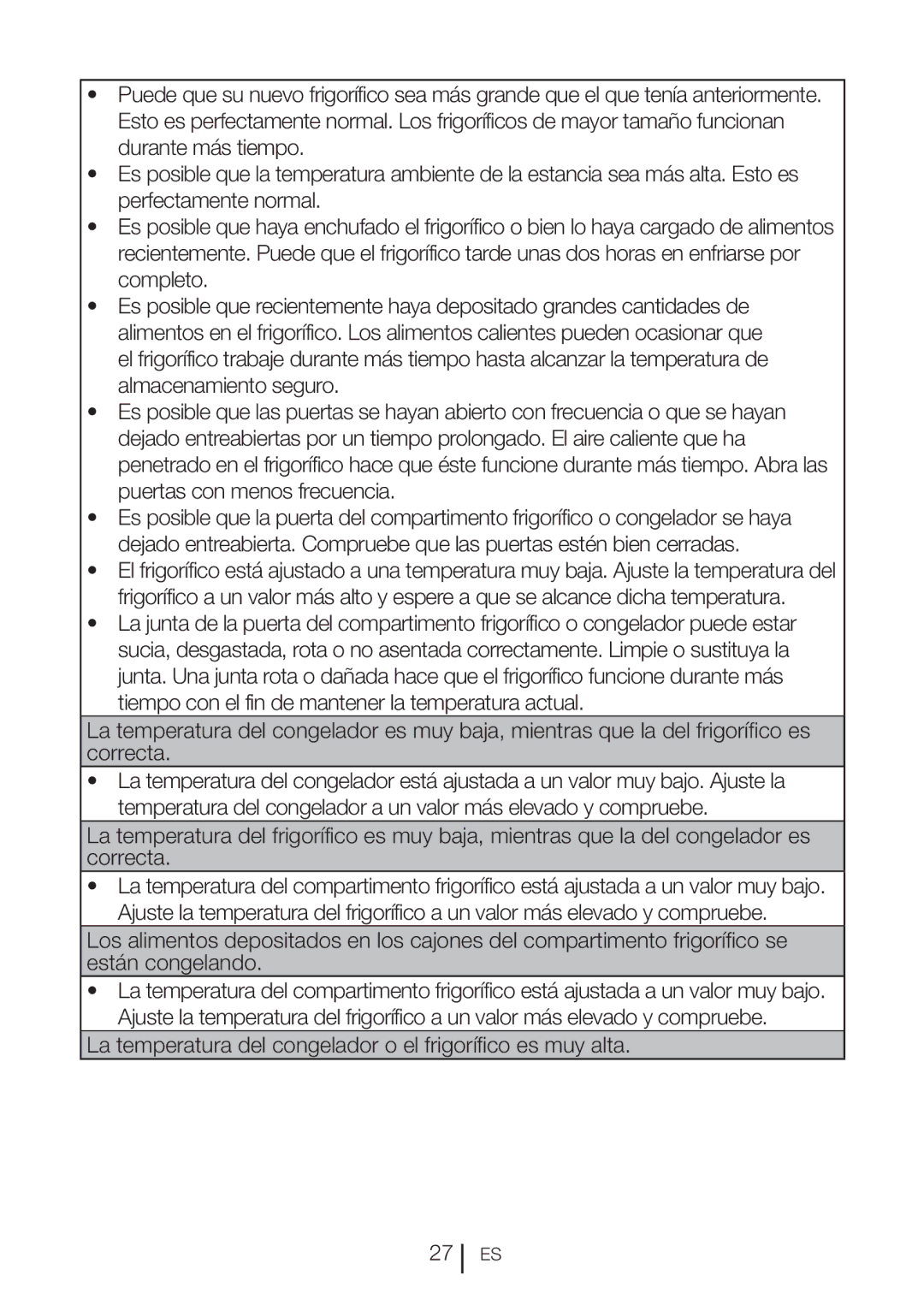 Blomberg BRFB1800SSIM, BRFB1800WHIM operating instructions La temperatura del congelador o el frigorífico es muy alta 