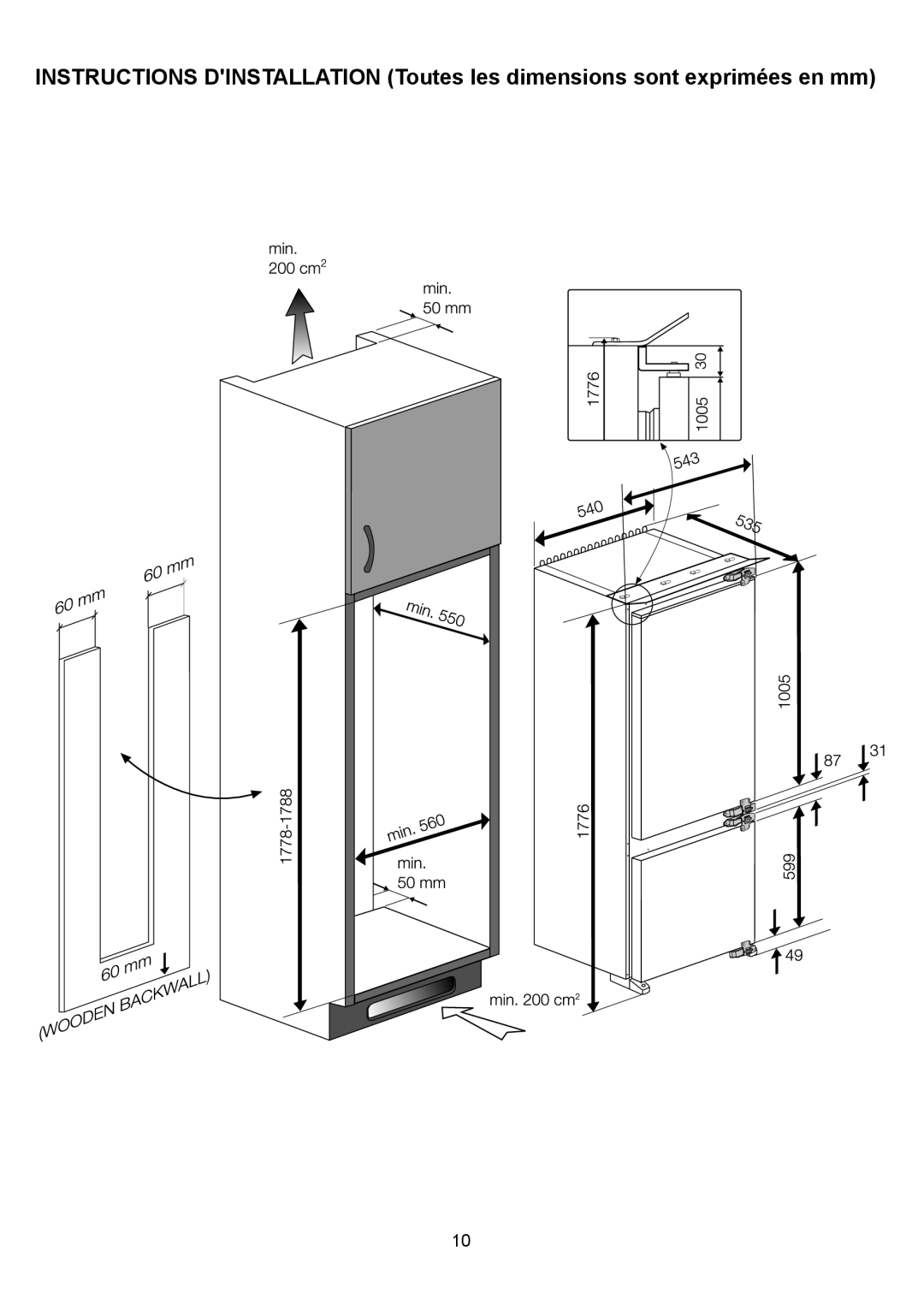 Blomberg BRFB 0900, BRFBT 0900 manual INSTRUCTIONS DINSTALLATION Toutes les dimensions sont exprimées en mm 