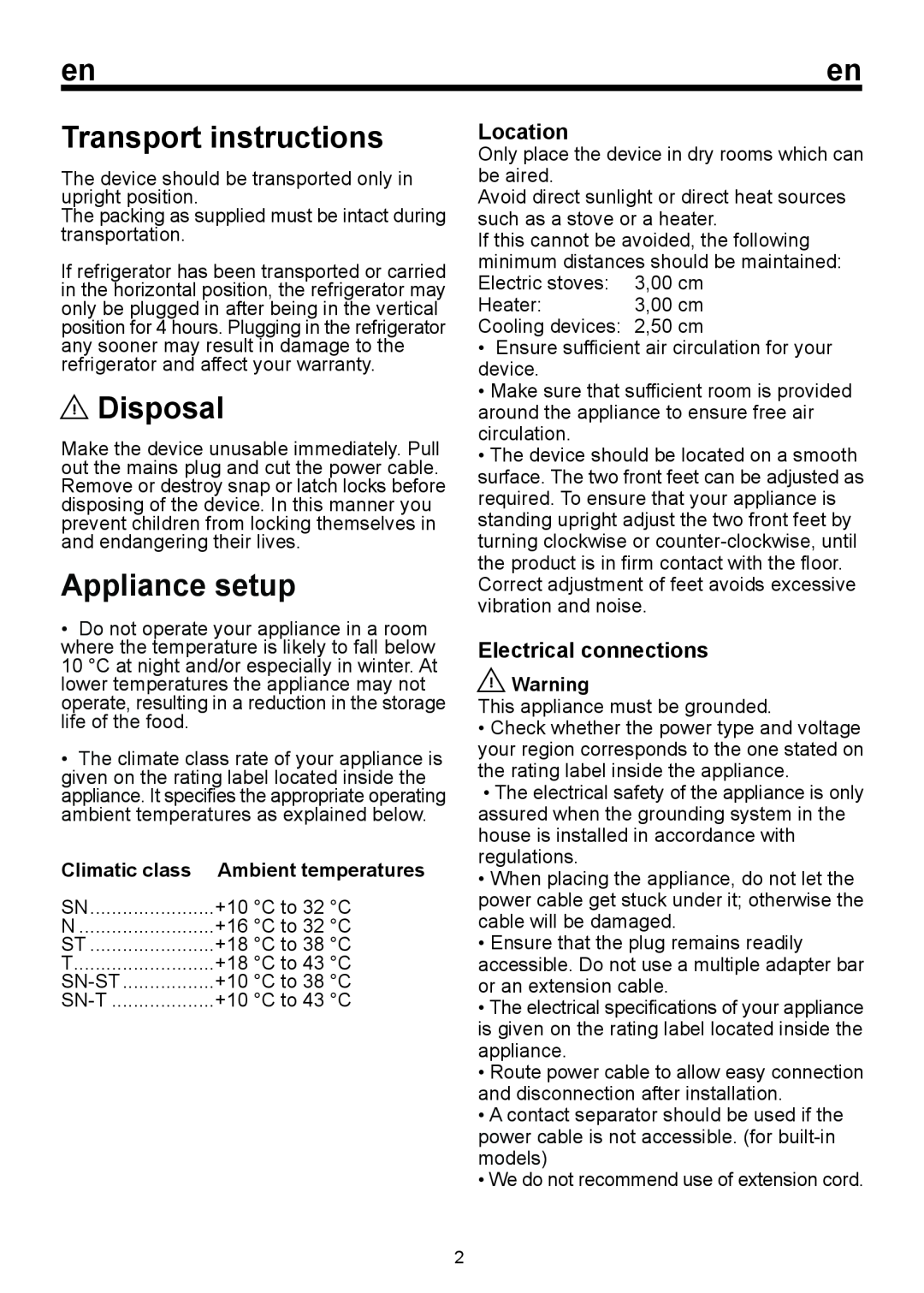 Blomberg BRFBT 0900 Transport instructions, Disposal, Appliance setup, Location, Electrical connections, Climatic class 