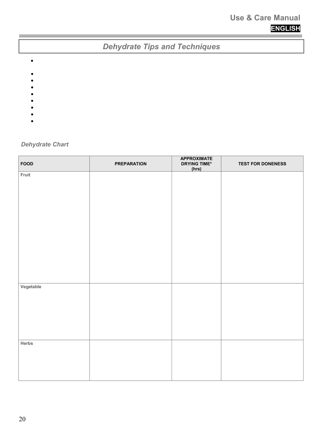 Blomberg BWOS 30100 manuel dutilisation Dehydrate Tips and Techniques, Dehydrate Chart 