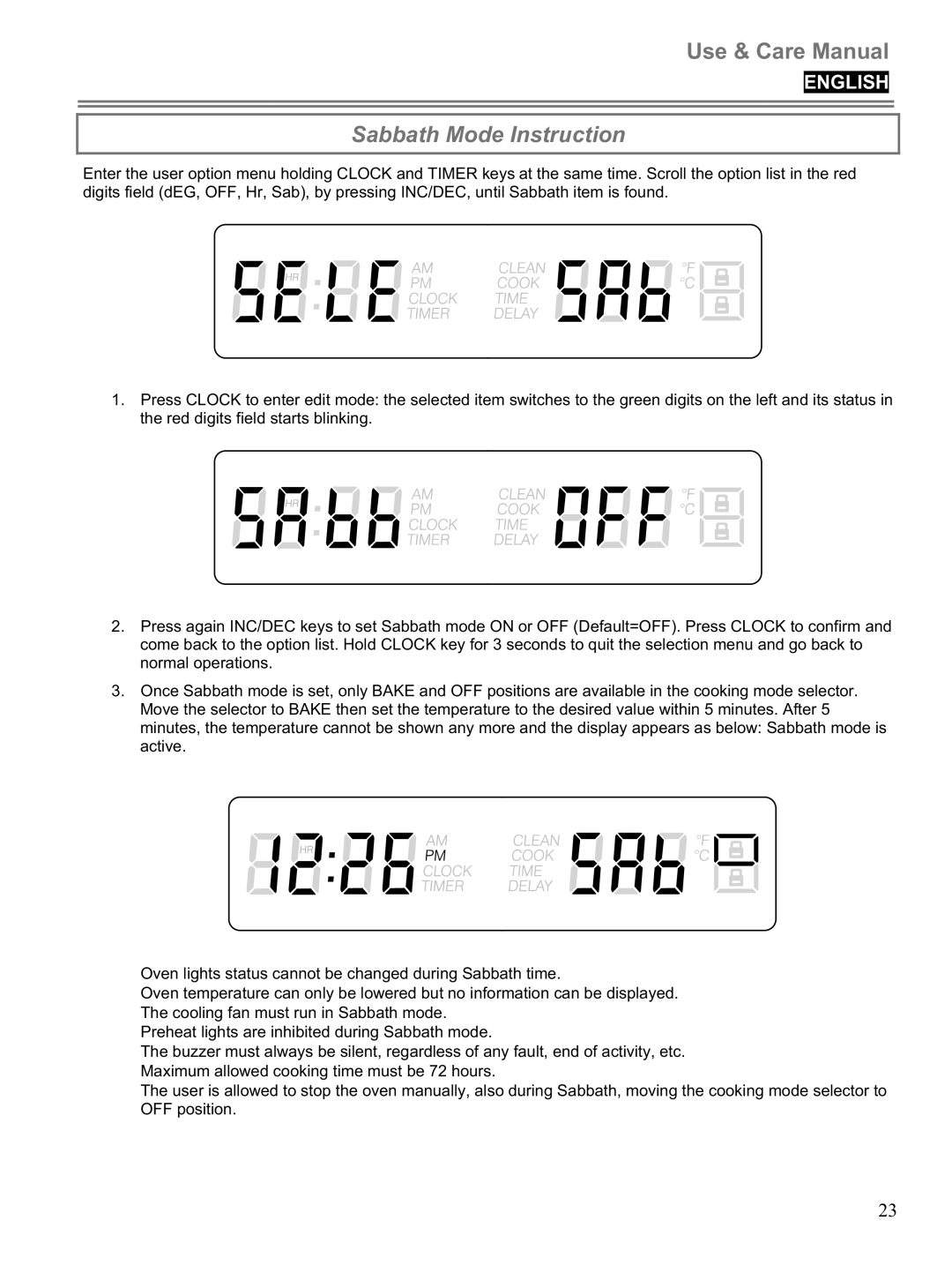 Blomberg BWOS 30100 manuel dutilisation Sabbath Mode Instruction 