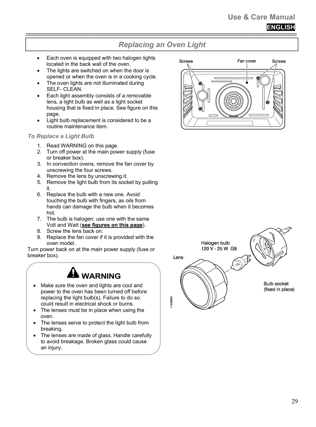 Blomberg BWOS 30100 manuel dutilisation Replacing an Oven Light, To Replace a Light Bulb 