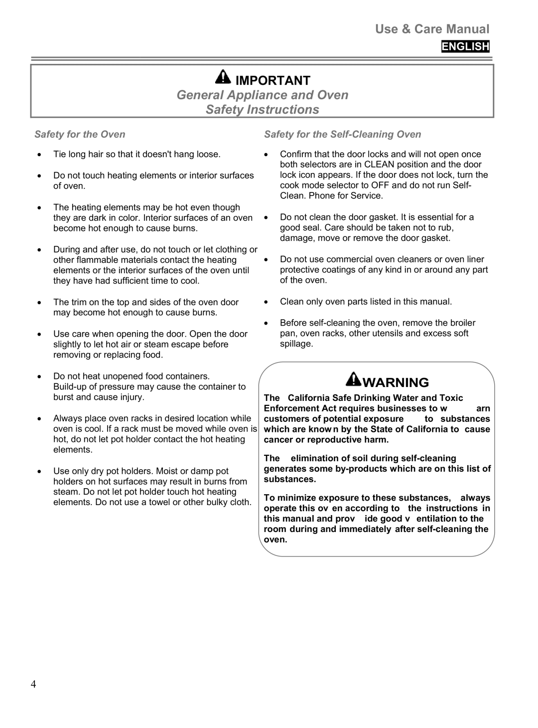 Blomberg BWOS 30100 General Appliance and Oven, Safety Instructions, Safety for the Oven Safety for the Self-Cleaning Oven 