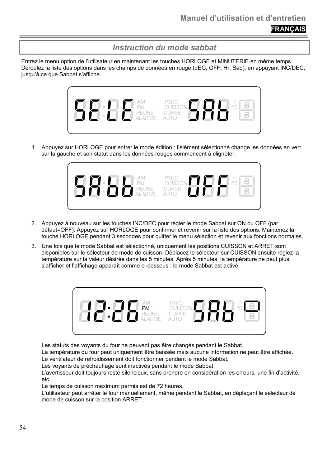 Blomberg BWOS 30100 manuel dutilisation Instruction du mode sabbat 