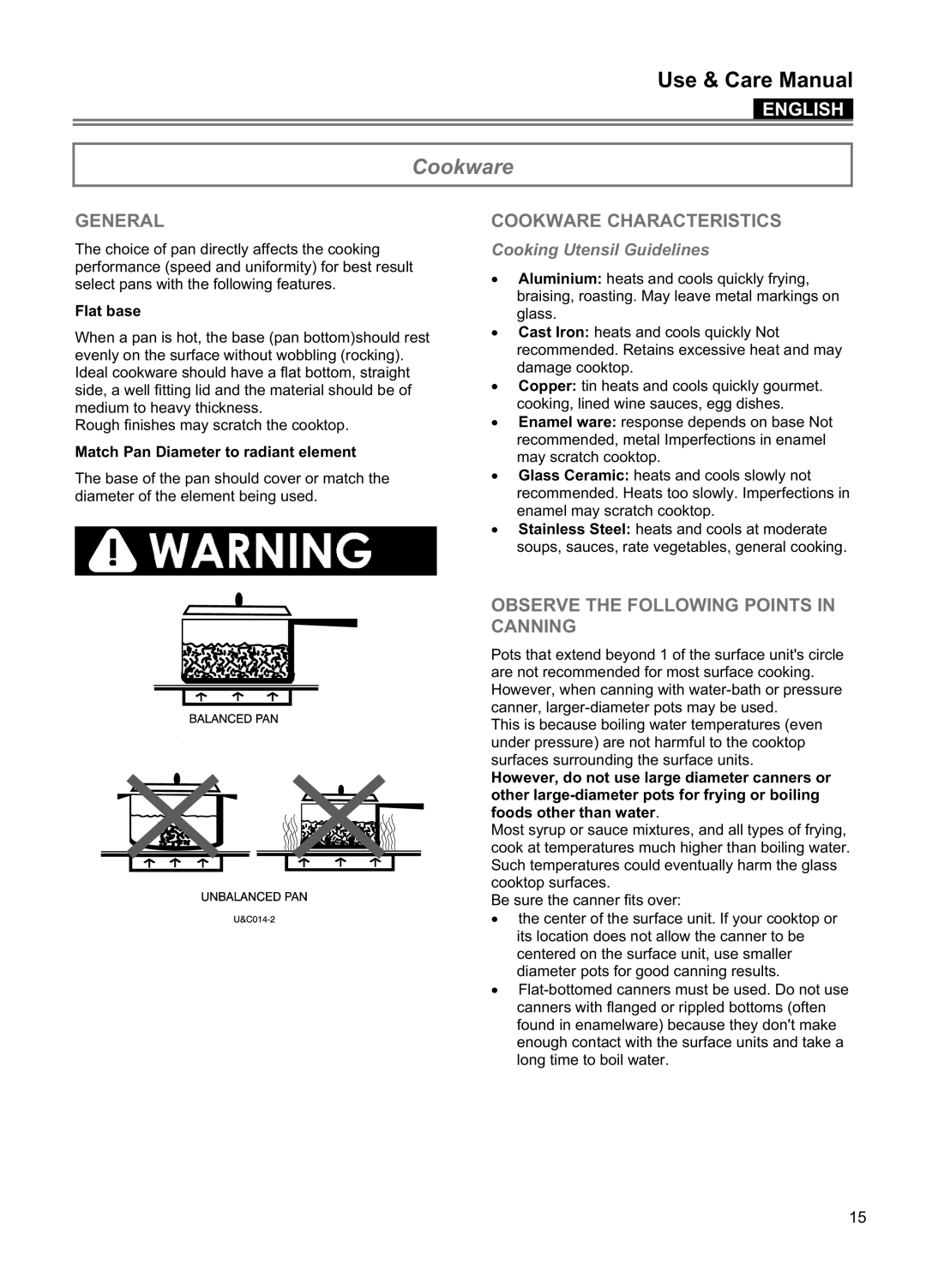 Blomberg CTE 30400 General, Cookware Characteristics, Observe The Following Points In Canning, Use & Care Manual 