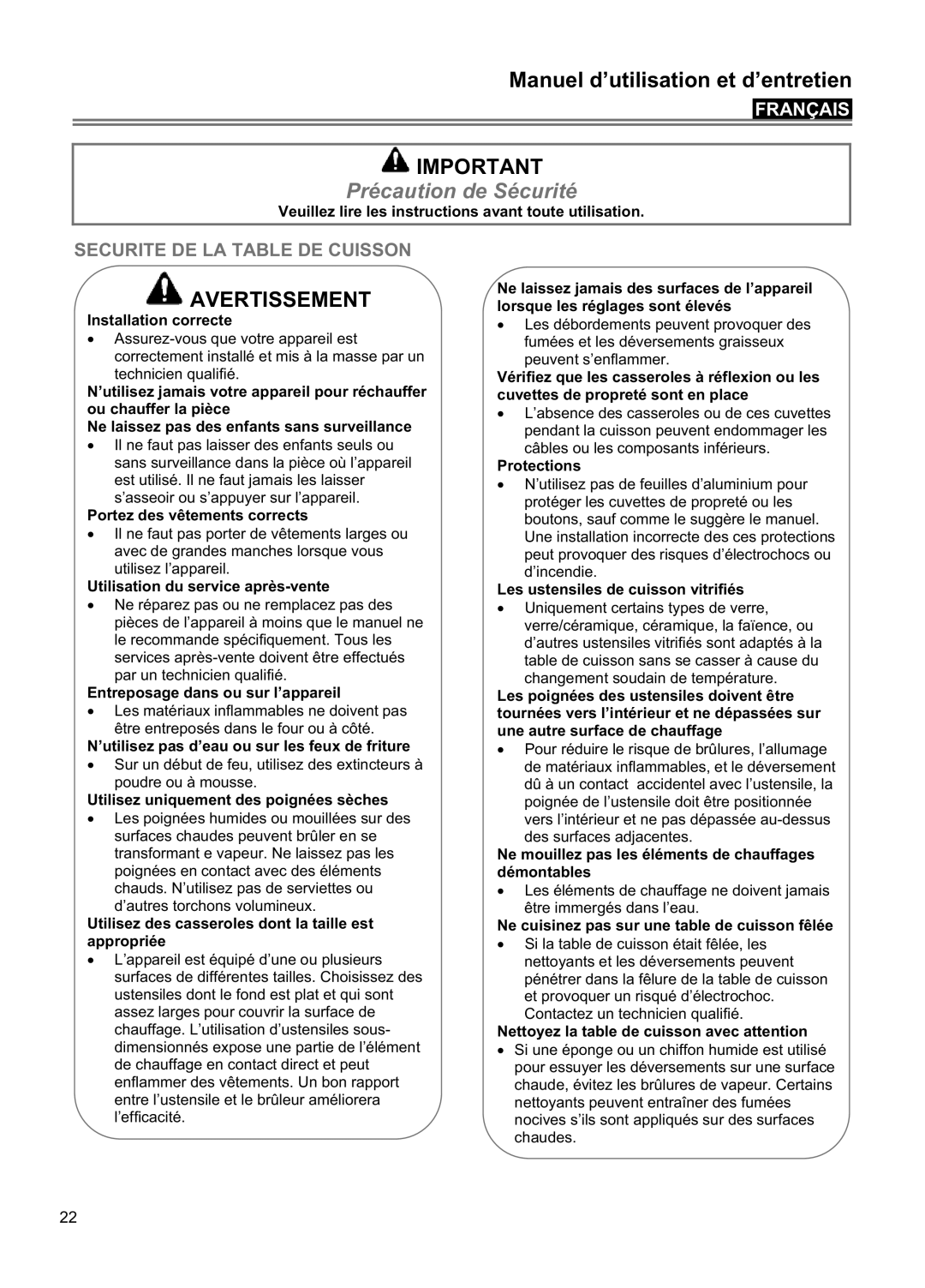 Blomberg CTE 36500 Précaution de Sécurité, Securite De La Table De Cuisson, Manuel d’utilisation et d’entretien, Français 