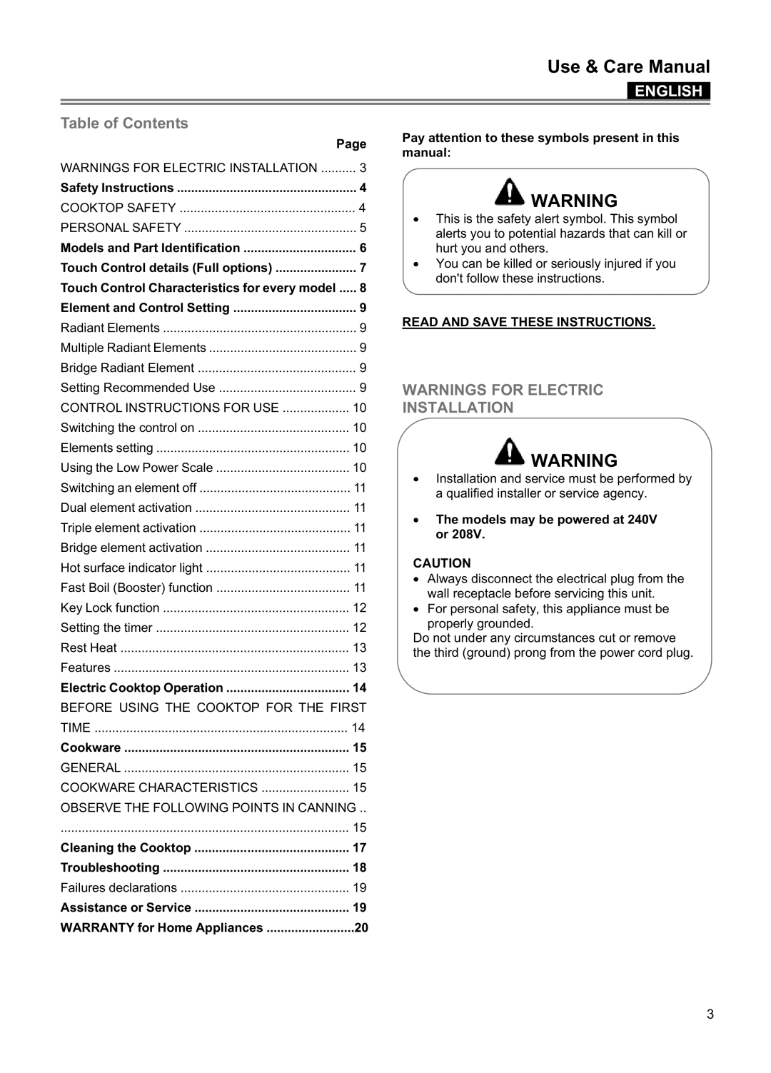 Blomberg CTE 30400, CTE 36500 Use & Care Manual, English, Table of Contents, Warnings For Electric Installation 