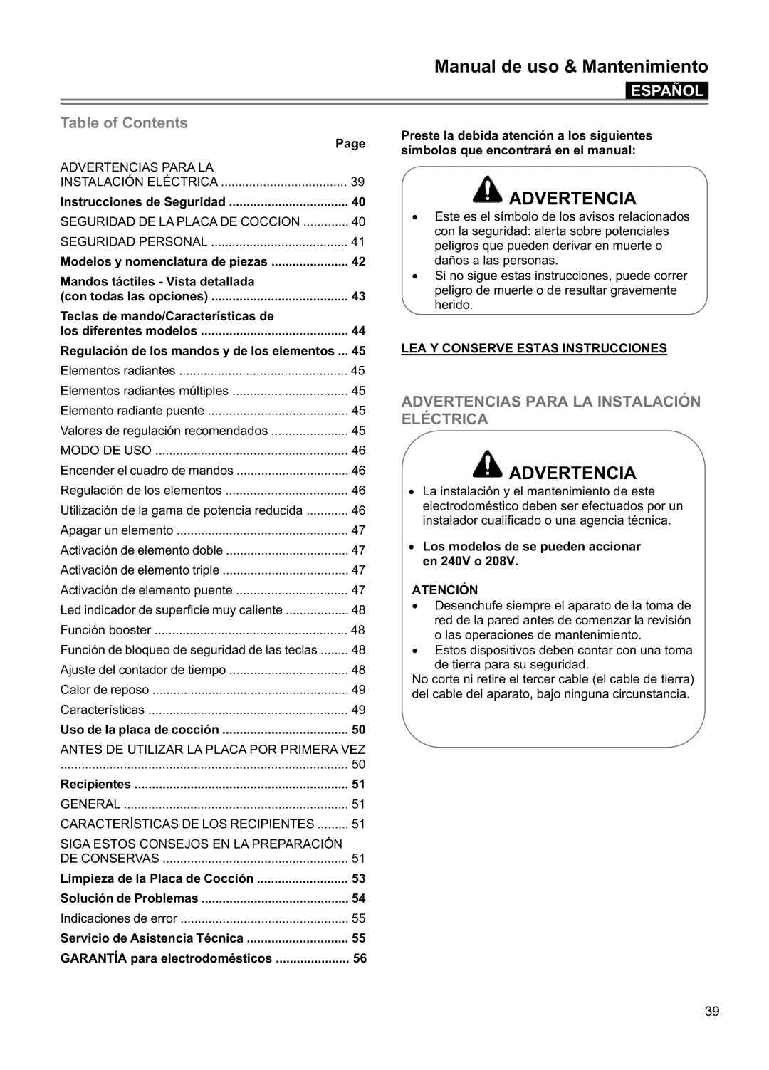 Blomberg CTE 30400, CTE 36500 Manual de uso & Mantenimiento, Español, Advertencias Para La Instalación Eléctrica 