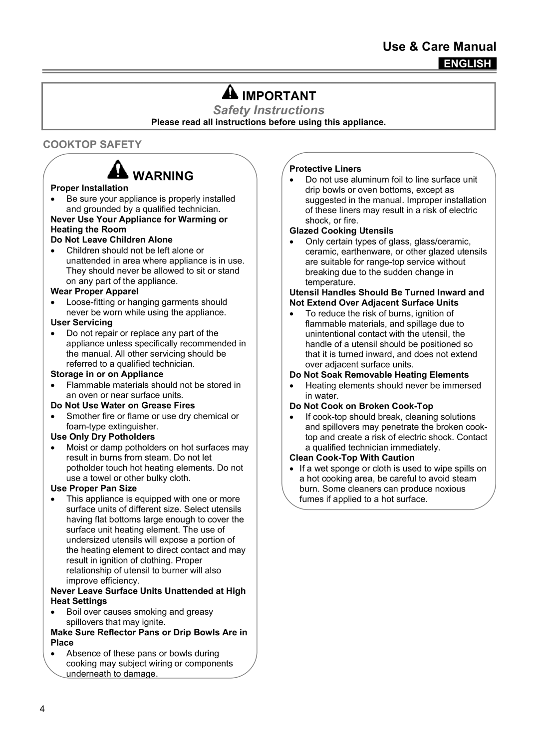 Blomberg CTE 36500, CTE 30400 manuel dutilisation Safety Instructions, Cooktop Safety, Use & Care Manual, English 