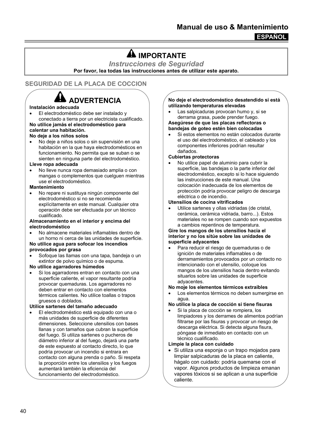 Blomberg CTE 36500 Importante, Instrucciones de Seguridad, Seguridad De La Placa De Coccion, Manual de uso & Mantenimiento 