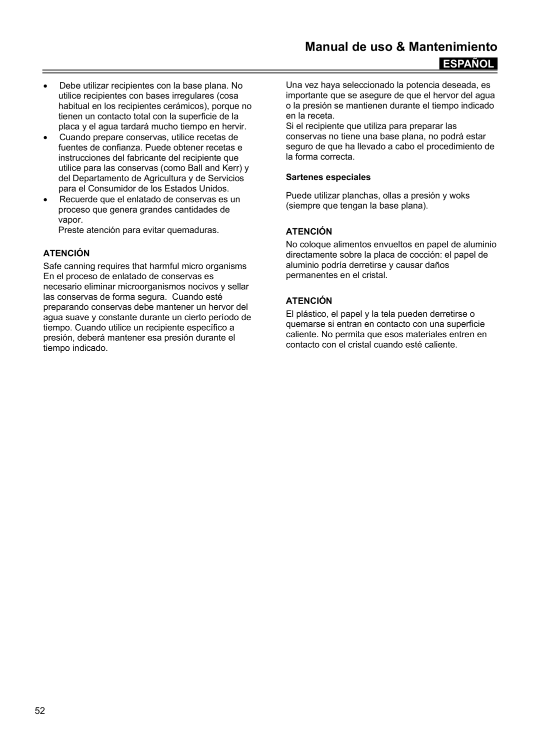 Blomberg CTE 36500, CTE 30400 manuel dutilisation Manual de uso & Mantenimiento, Español, Atención, Sartenes especiales 