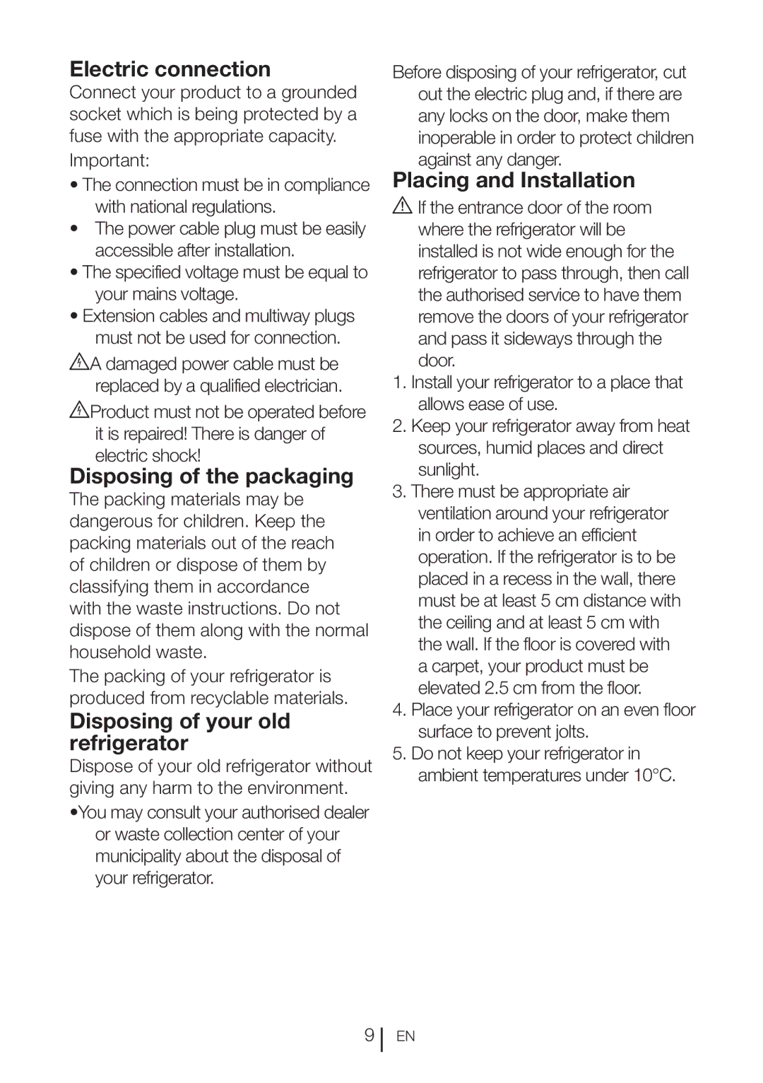 Blomberg DND 1976, DND 1972 XD manual Electric connection, Disposing of the packaging, Disposing of your old refrigerator 