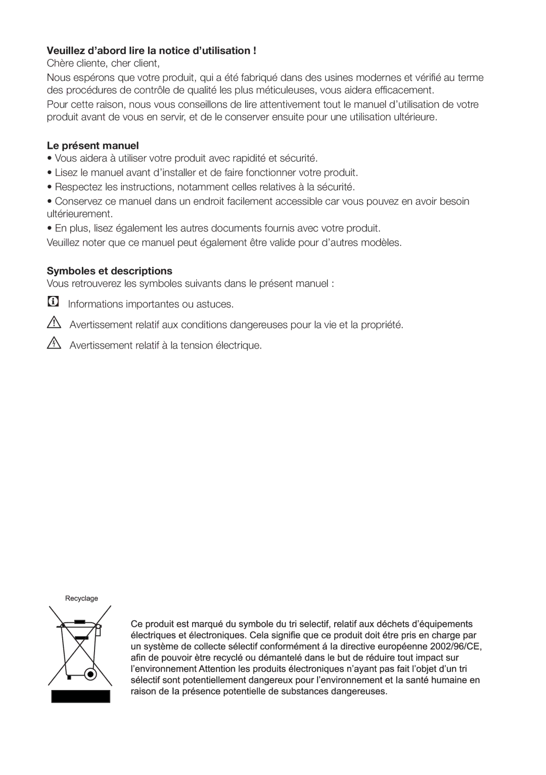 Blomberg DND 1972 XD, DND 1976 Veuillez d’abord lire la notice d’utilisation, Le présent manuel, Symboles et descriptions 