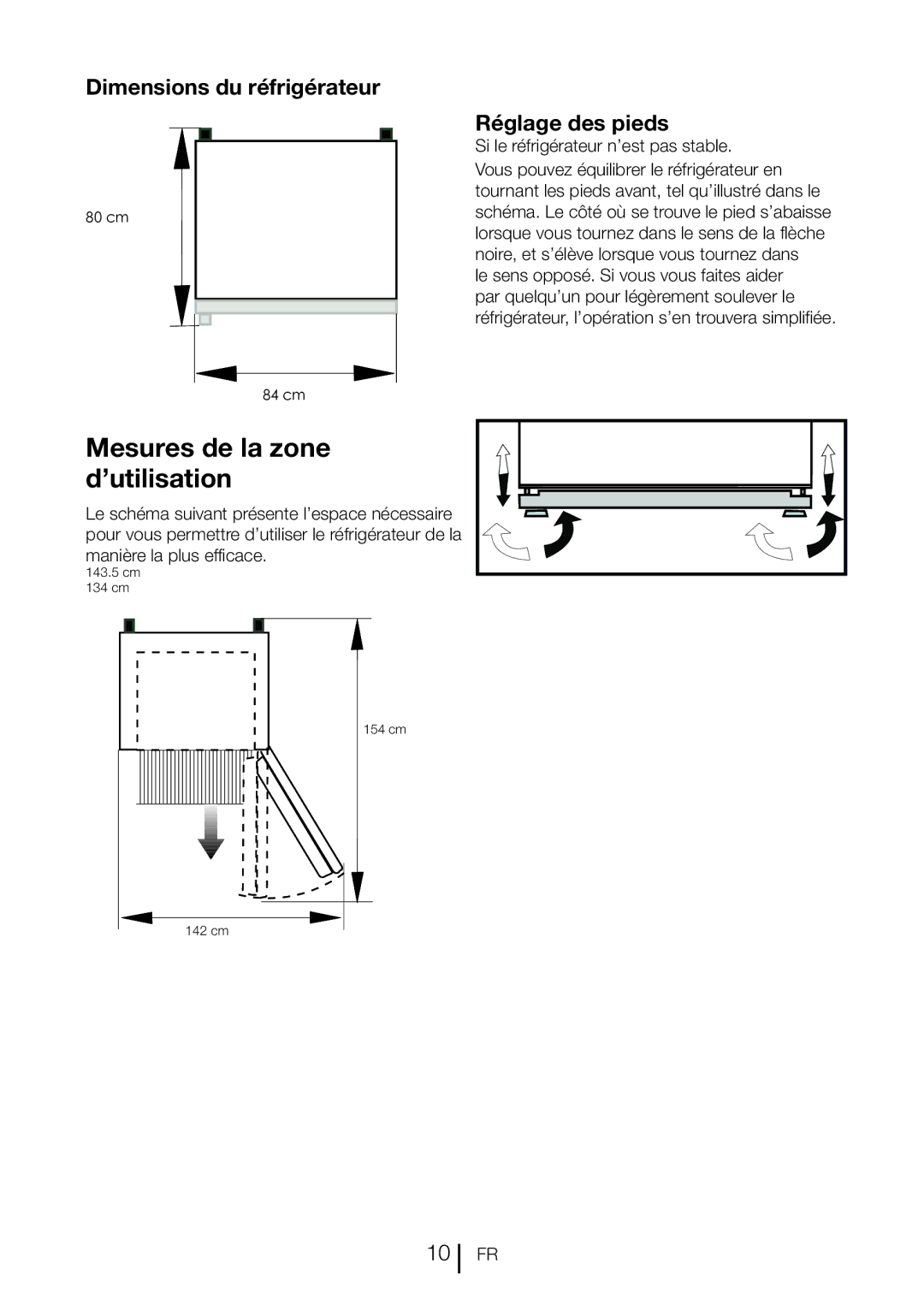 Blomberg DND 1972 ED, DND 1972 XD manual Mesures de la zone d’utilisation, Dimensions du réfrigérateur, Réglage des pieds 