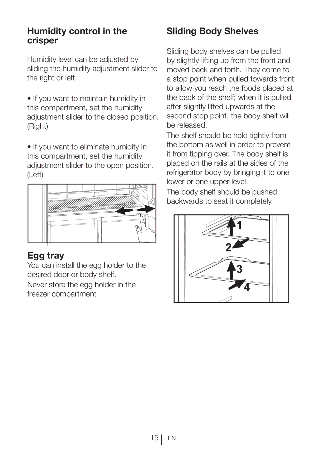 Blomberg DND 1972 XD, DND 1972 ED, DND 1976 X manual Humidity control in the crisper, Egg tray, Sliding Body Shelves 
