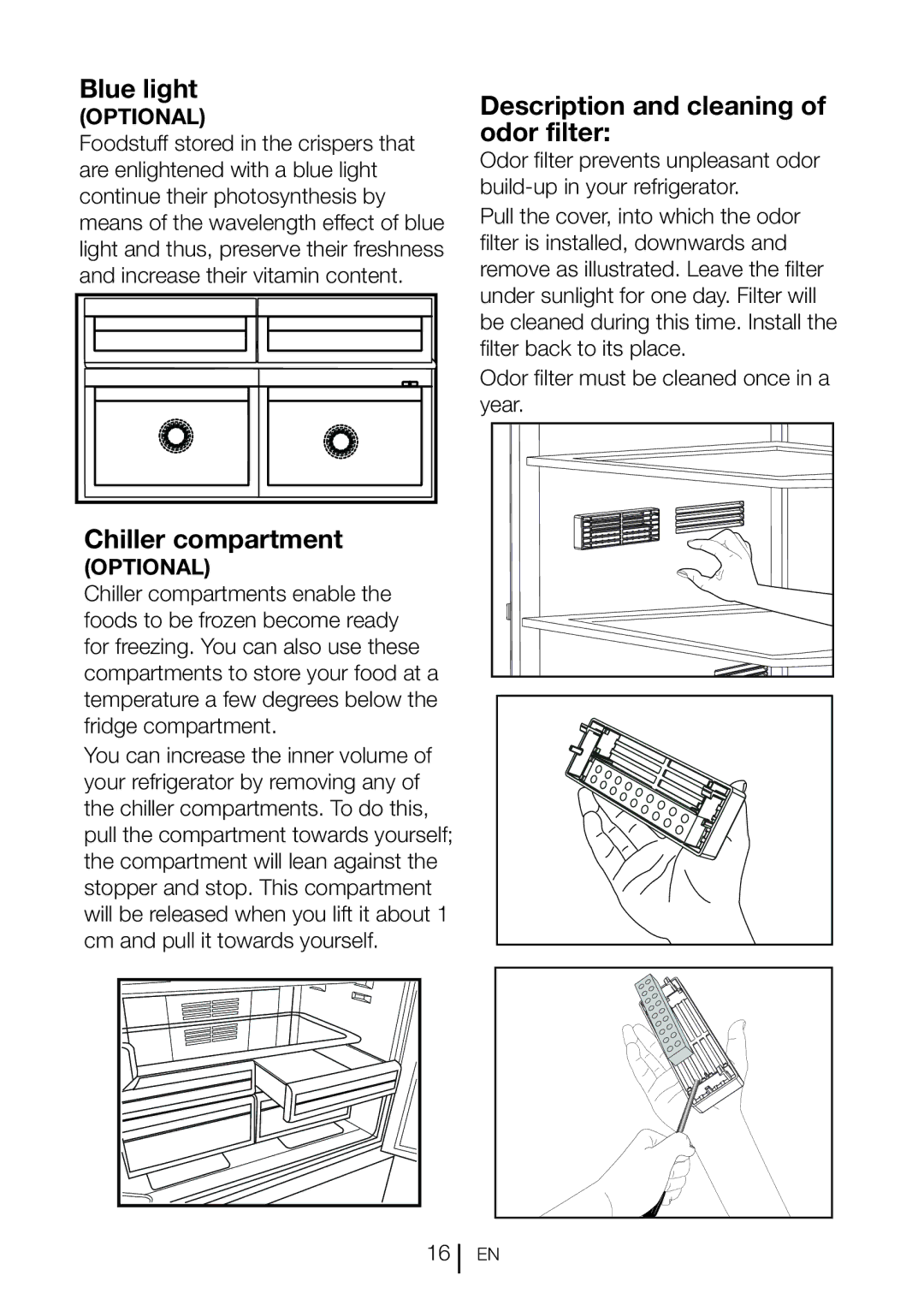 Blomberg DND 1972 ED, DND 1972 XD, DND 1976 manual Blue light, Description and cleaning of odor filter, Chiller compartment 