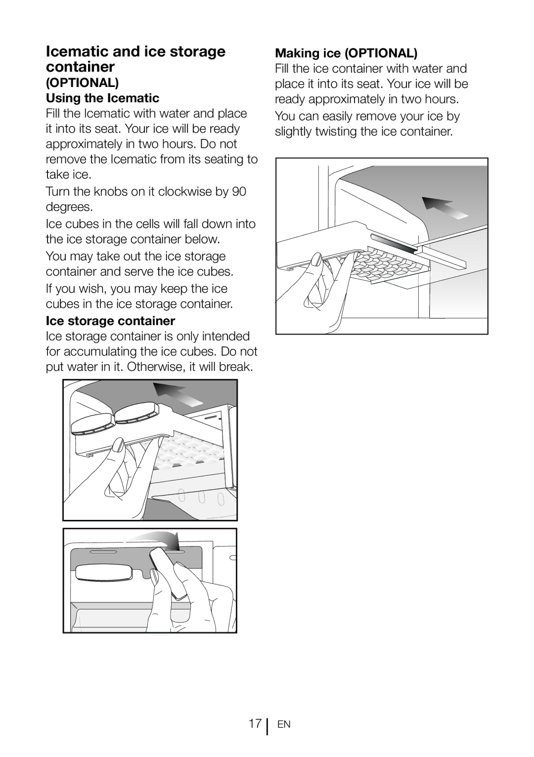 Blomberg DND 1976, DND 1972 XD manual Icematic and ice storage container, Optional Using the Icematic, Ice storage container 