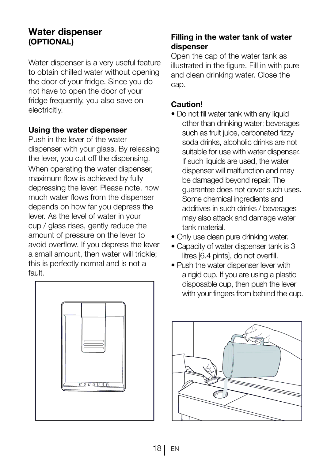 Blomberg DND 1976 X, DND 1972 XD, DND 1972 ED manual Water dispenser, Filling in the water tank of water dispenser 