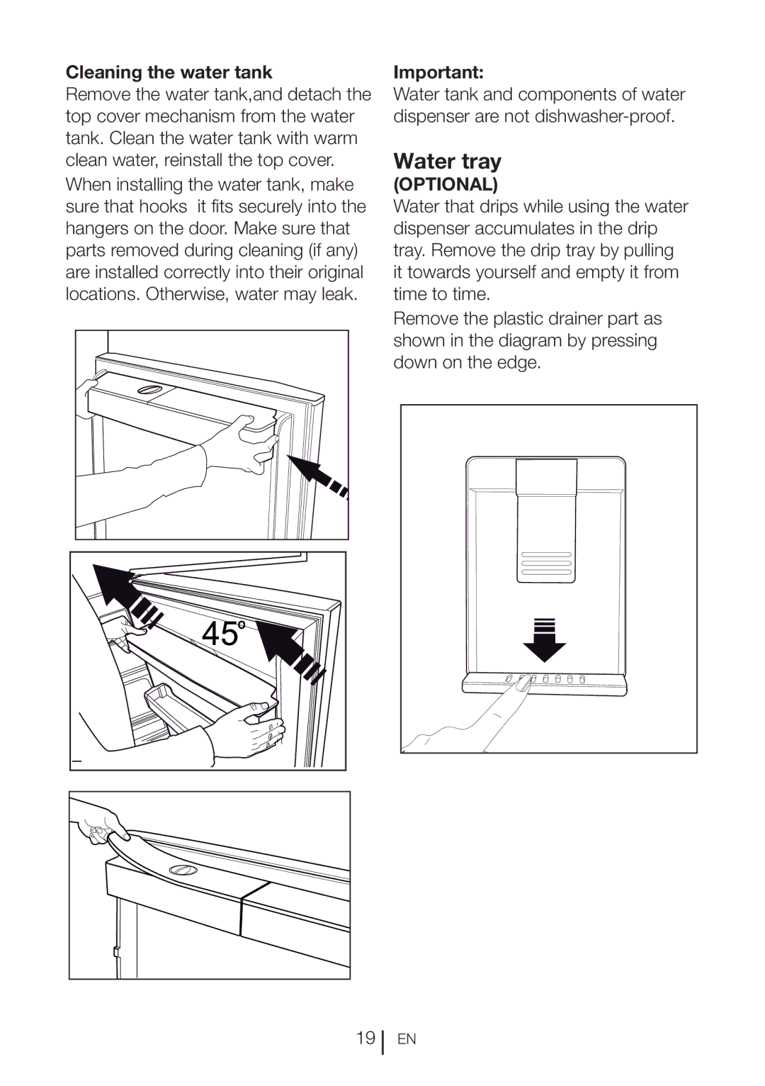 Blomberg DND 1972 XD, DND 1972 ED, DND 1976 X manual Water tray, Cleaning the water tank 