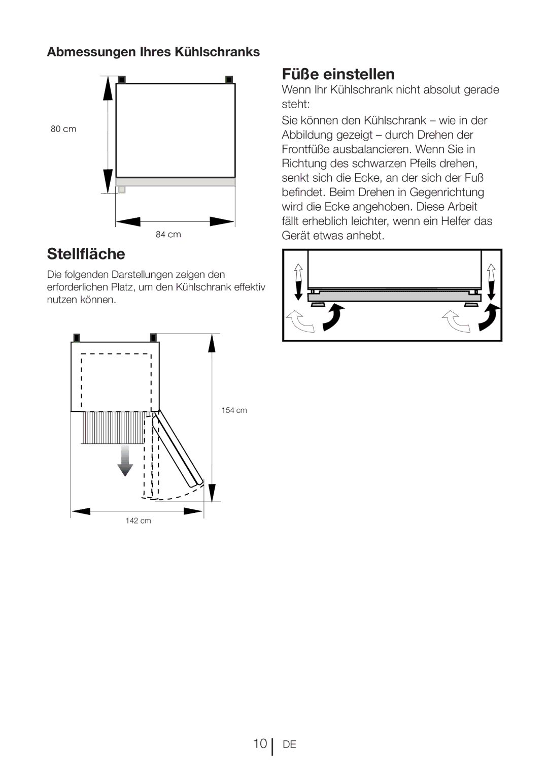 Blomberg DND 1972 XD, DND 1972 ED, DND 1976 X manual Stellfläche, Füße einstellen, Abmessungen Ihres Kühlschranks 