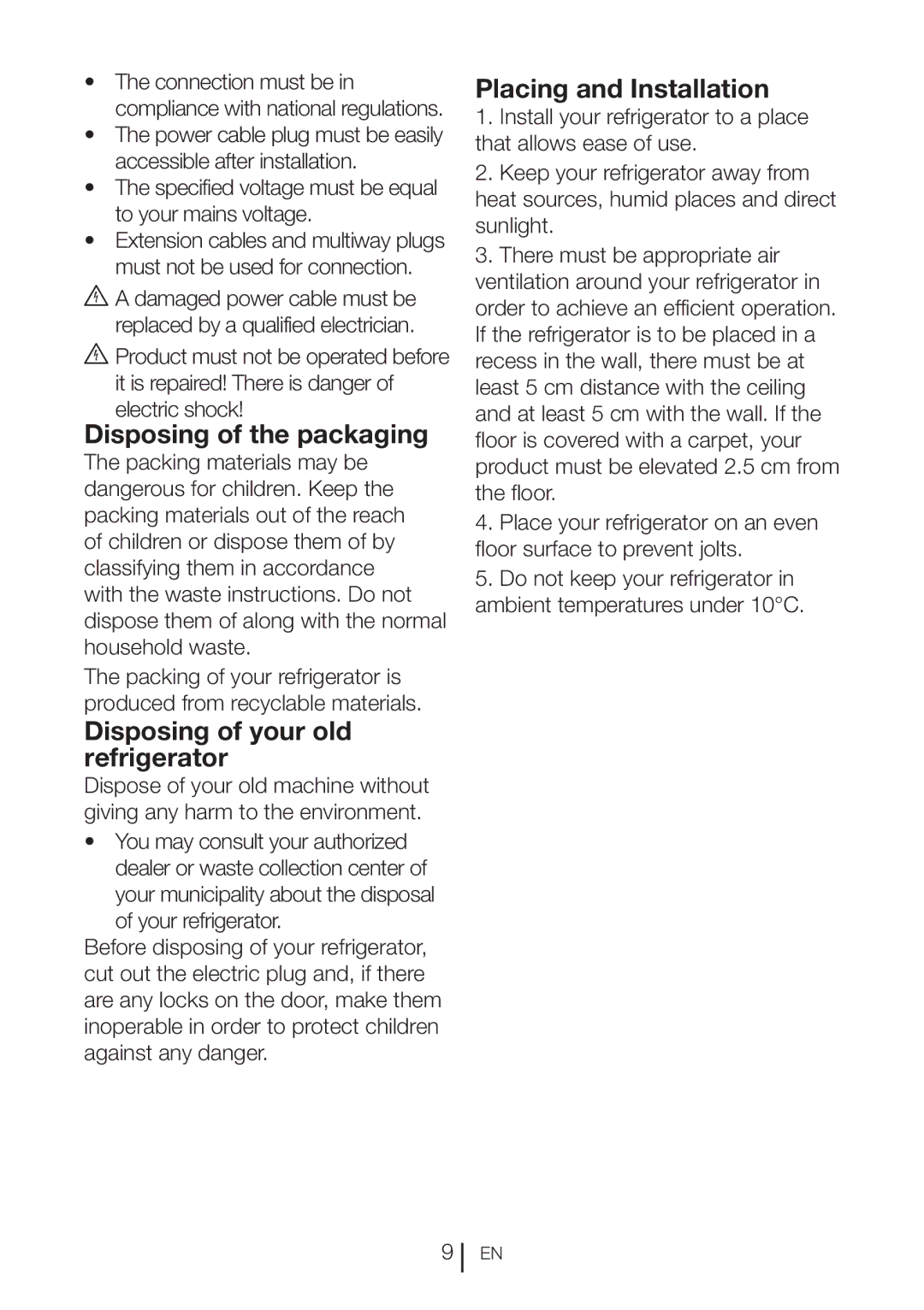 Blomberg DND 1977 XT, DND 1976 XT Disposing of the packaging, Disposing of your old refrigerator, Placing and Installation 