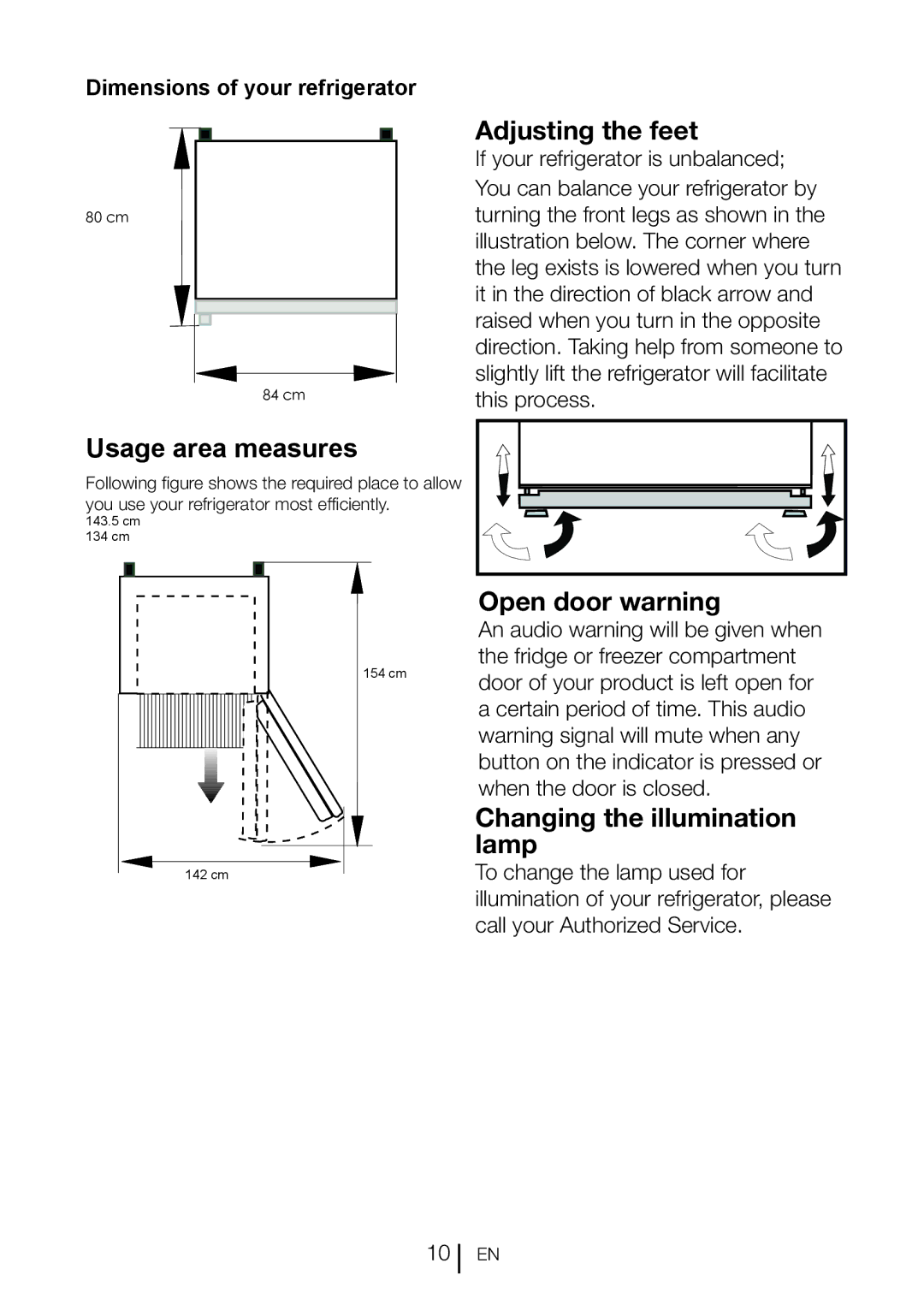 Blomberg DND 1977, DND 1976 XT Usage area measures, Adjusting the feet, Open door warning, Changing the illumination lamp 