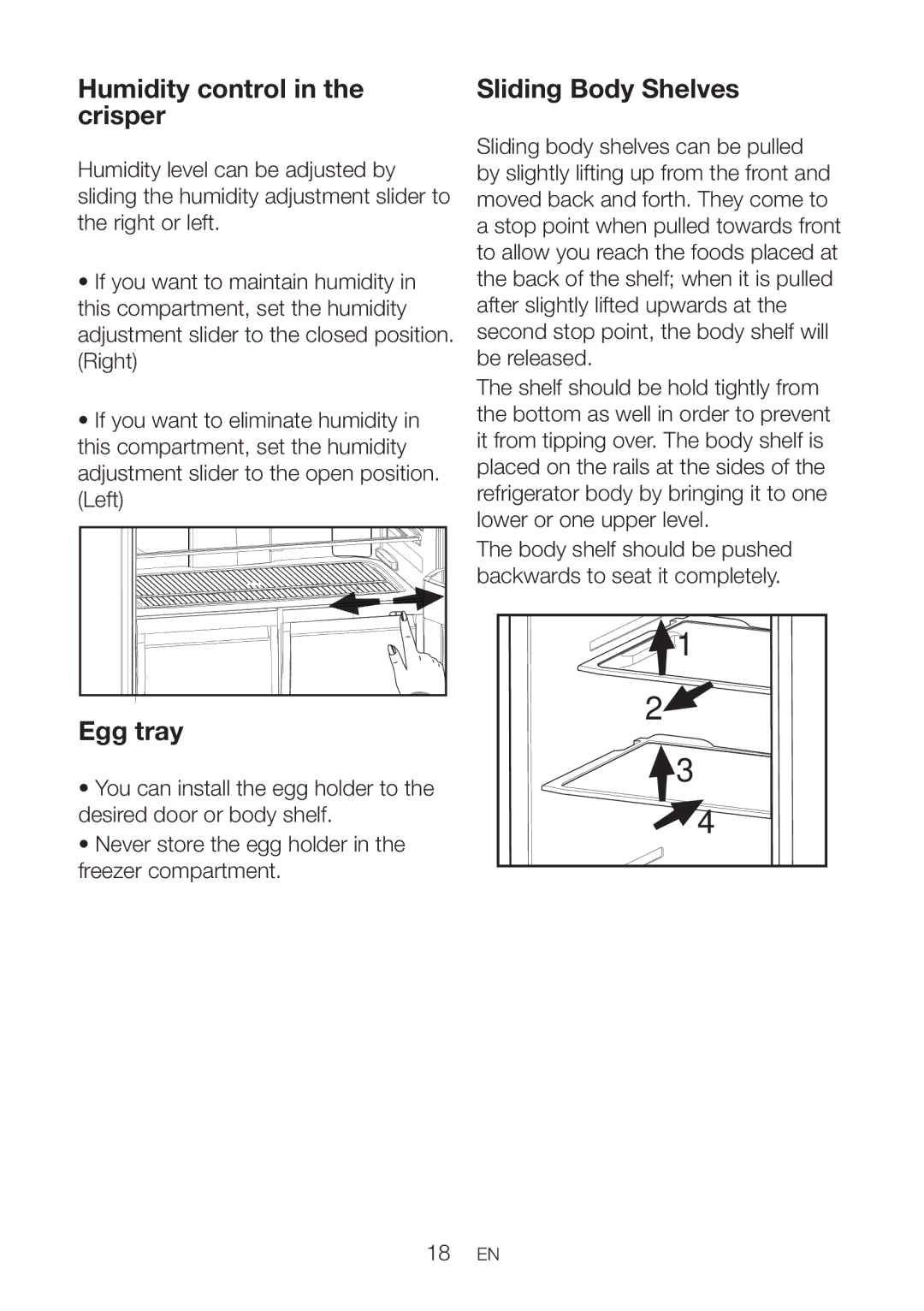 Blomberg DND 1977 XT, DND 1976 XT manual Humidity control in the crisper, Egg tray, Sliding Body Shelves 