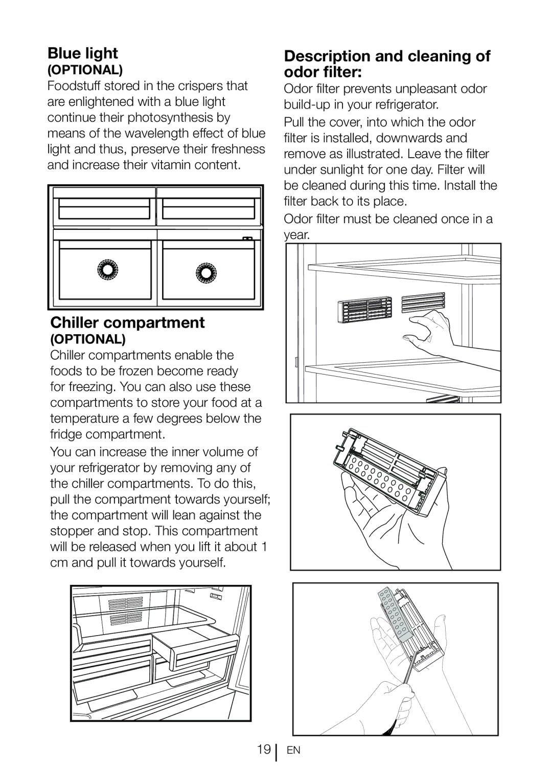 Blomberg DND 1976 XT, DND 1977 XT manual Blue light, Description and cleaning of odor filter, Chiller compartment 