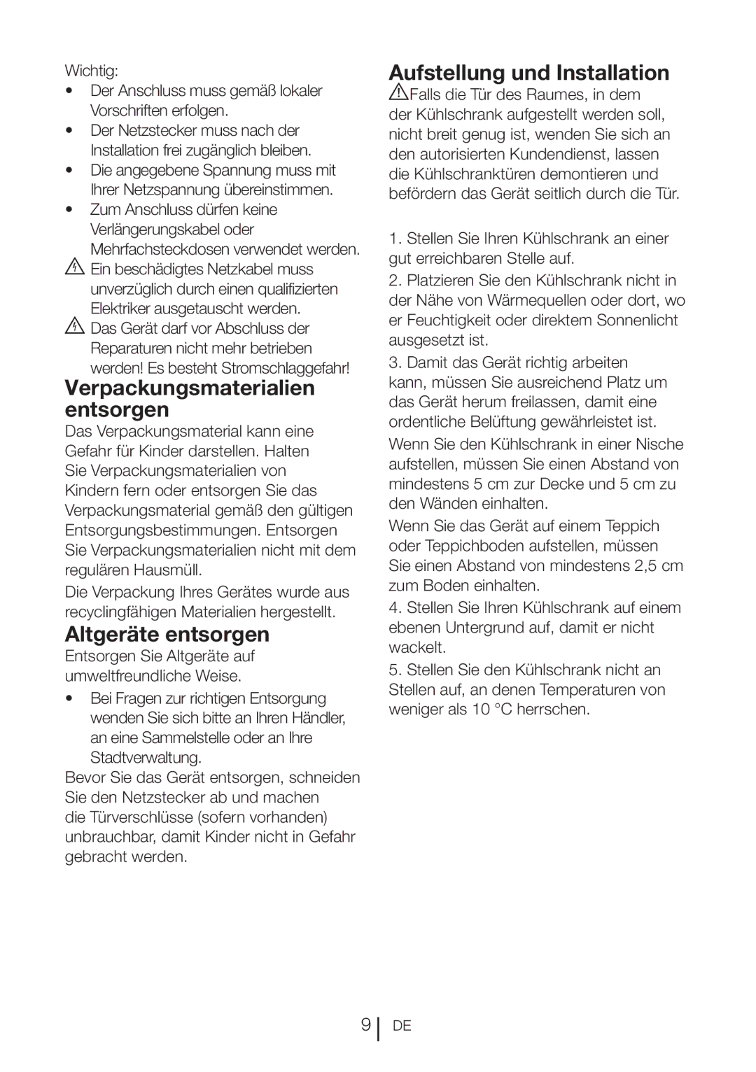 Blomberg DND 1976 XT, DND 1977 XT manual Verpackungsmaterialien entsorgen, Altgeräte entsorgen, Aufstellung und Installation 