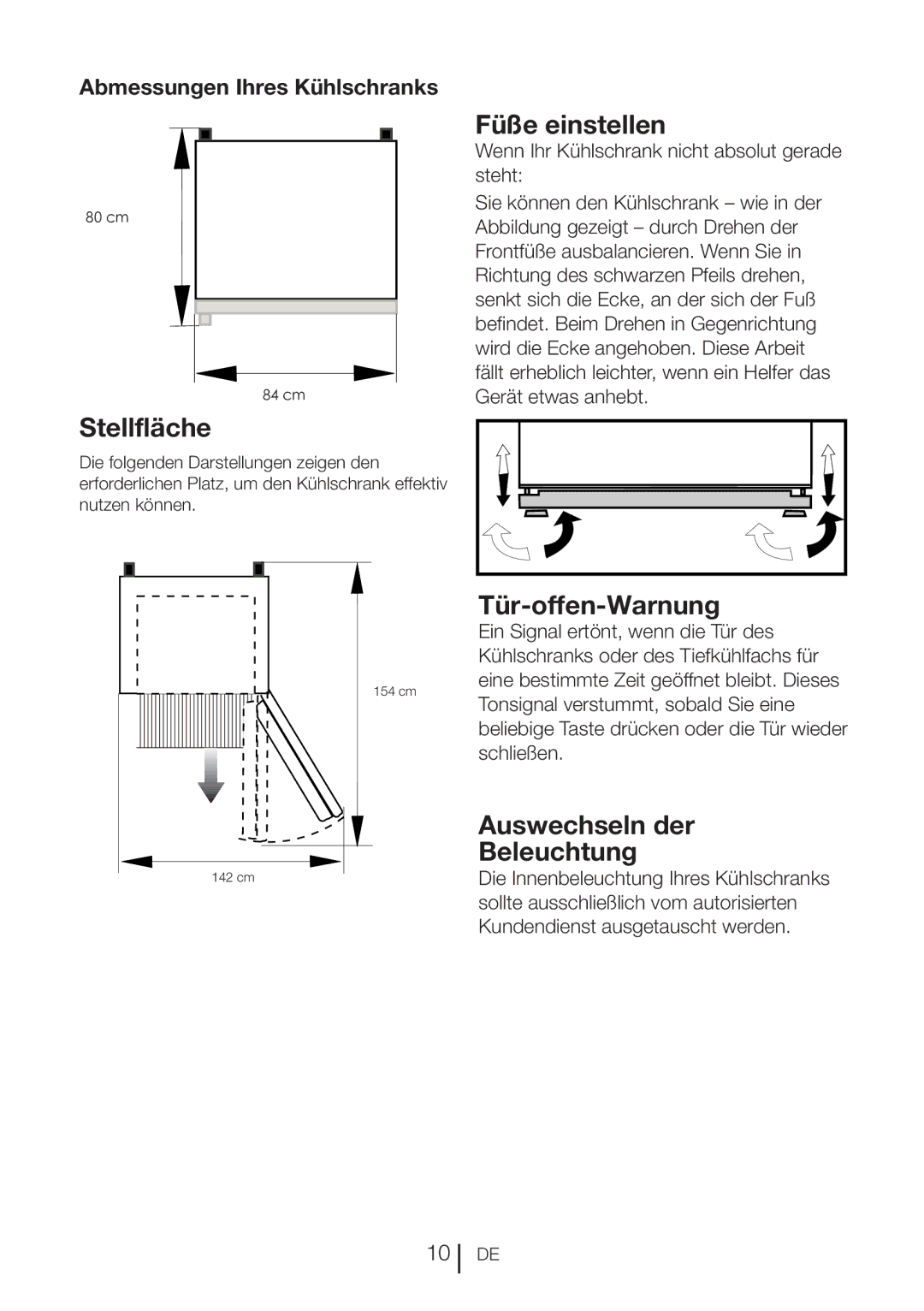 Blomberg DND 1977 XT, DND 1976 XT manual Stellfläche, Füße einstellen, Tür-offen-Warnung, Auswechseln der Beleuchtung 