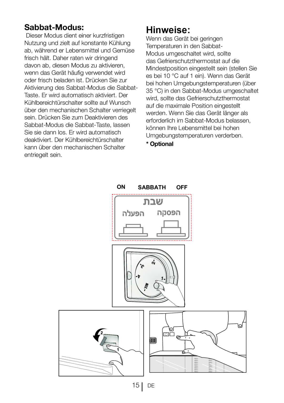 Blomberg DND 1976 XT, DND 1977 XT manual Hinweise, Sabbat-Modus, Optional 