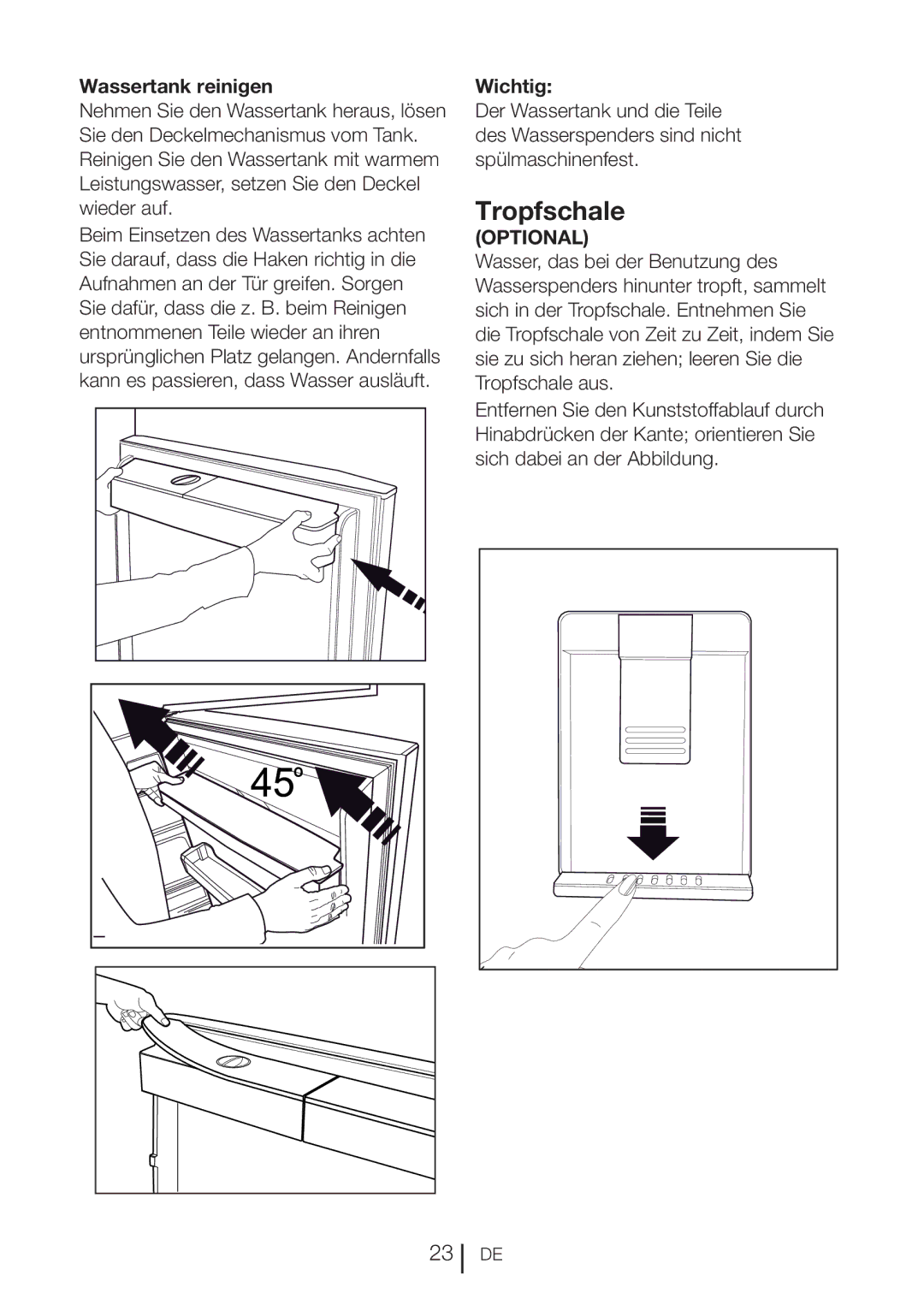 Blomberg DND 1976 XT, DND 1977 XT manual Tropfschale, Wassertank reinigen, Wichtig 