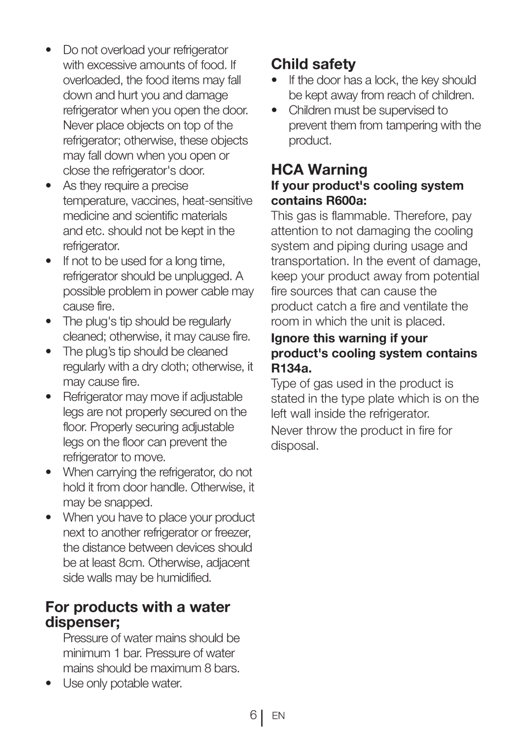 Blomberg DND 1977 XT, DND 1976 XT manual For products with a water dispenser, Child safety, HCA Warning 