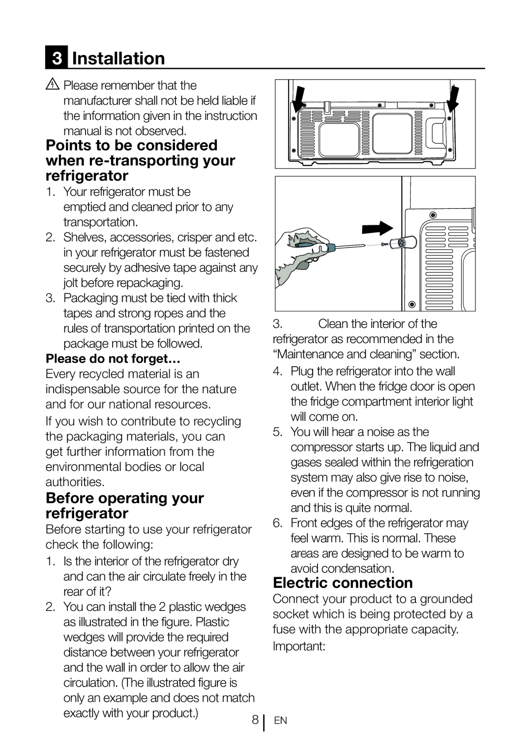 Blomberg DND 1976 XT, DND 1977 XT manual Installation, Before operating your refrigerator, Electric connection 