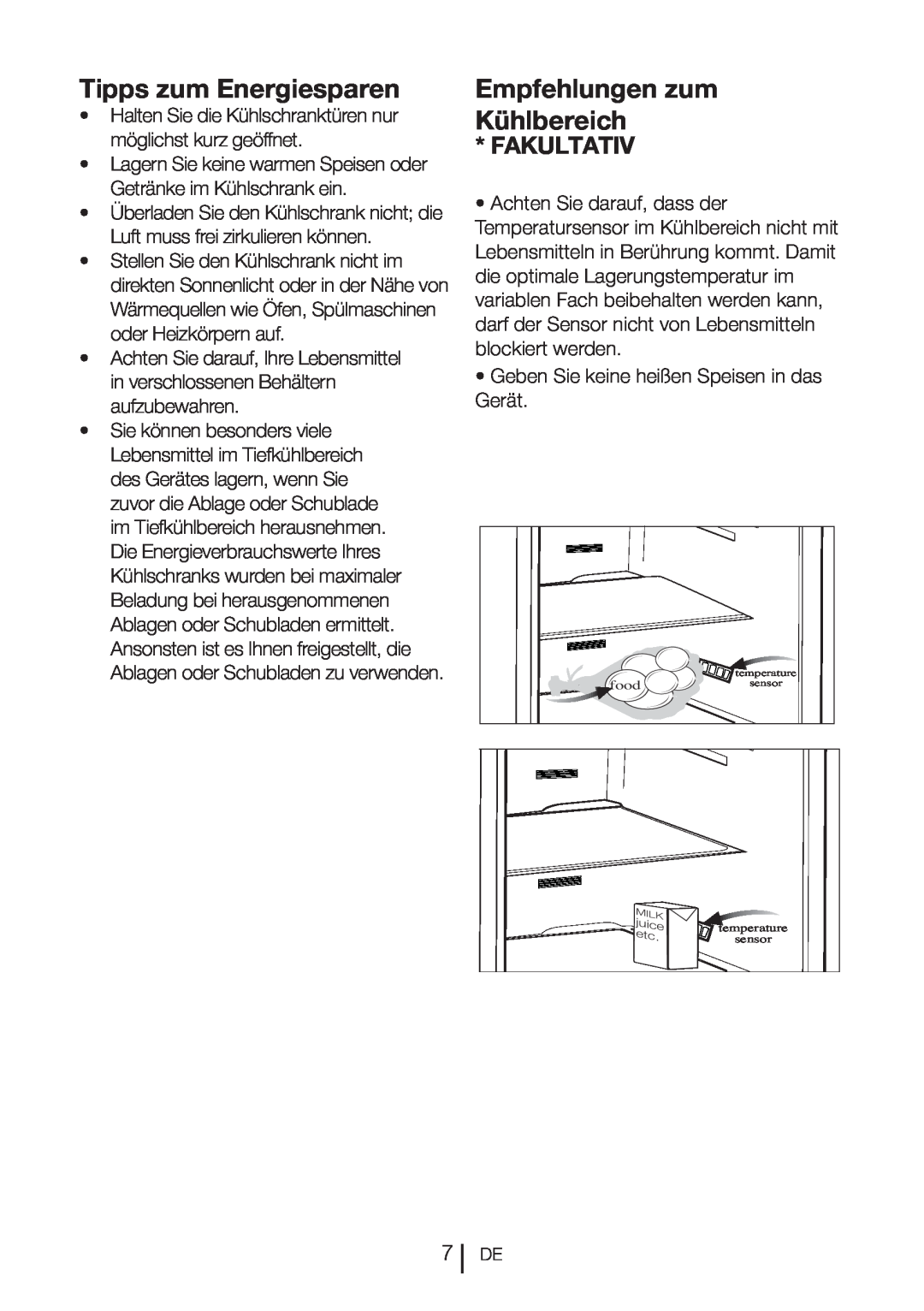 Blomberg DND 1977 XT, DND 1976 XT manual Tipps zum Energiesparen, Empfehlungen zum Kühlbereich, Fakultativ 