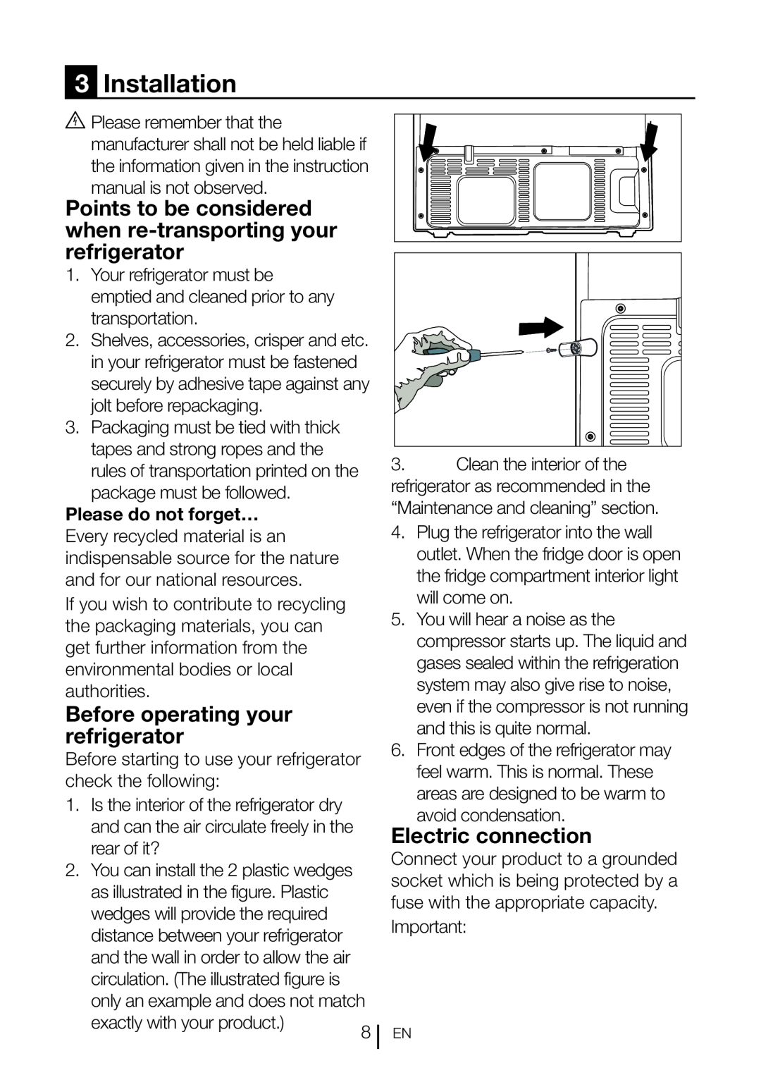 Blomberg DND 1976 XT, DND 1977 XT manual 3Installation, Before operating your refrigerator, Electric connection 