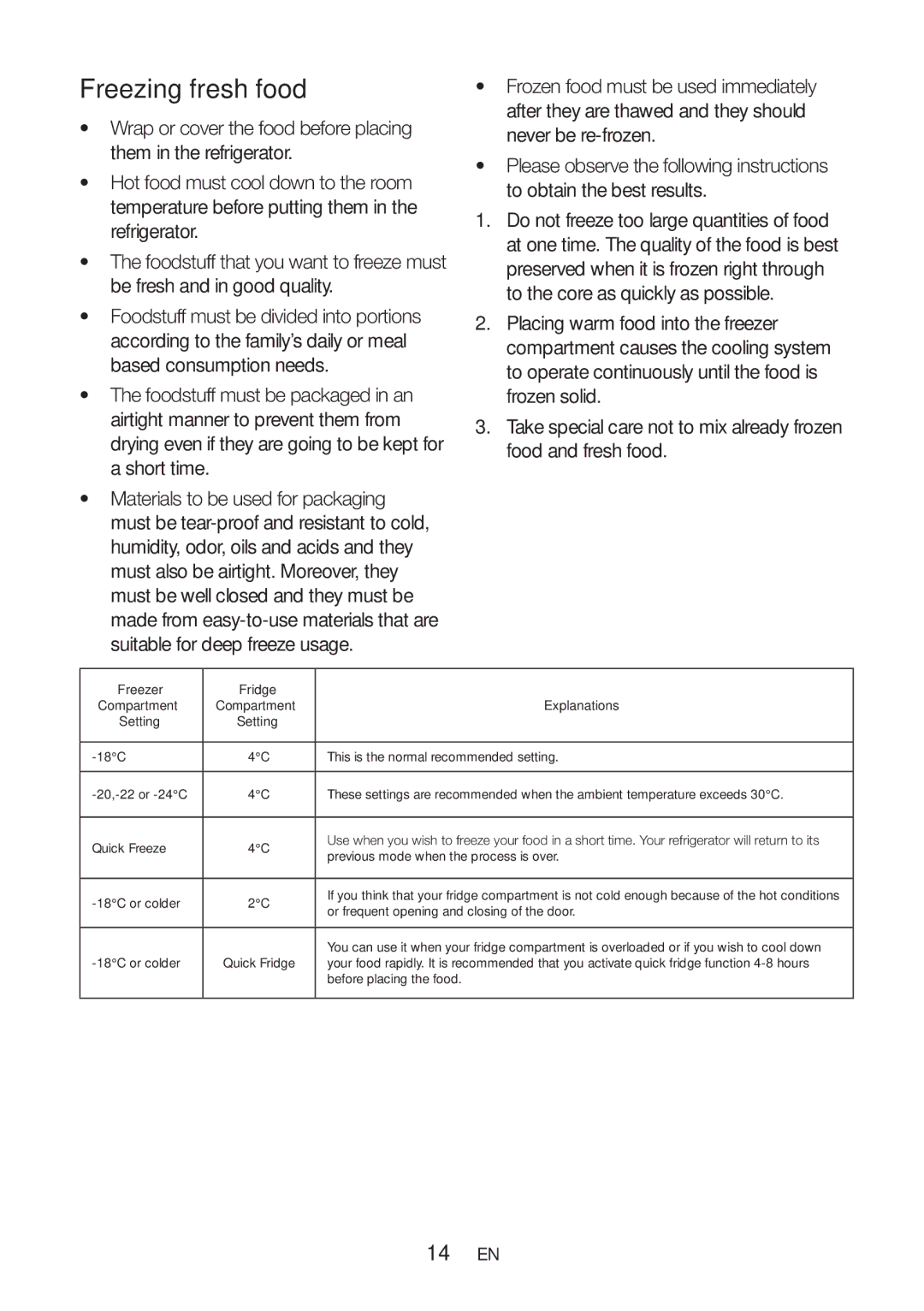 Blomberg DND 9977 PD manual Freezing fresh food, Freezer Fridge Compartment Explanations Setting 