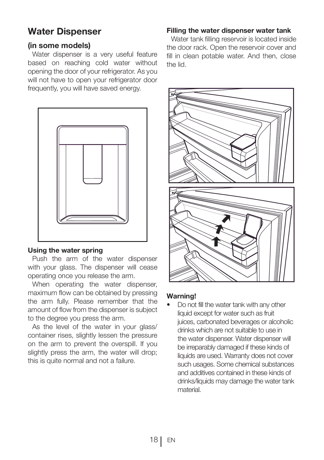Blomberg DND 9977 PD manual Water Dispenser, Using the water spring, Filling the water dispenser water tank 