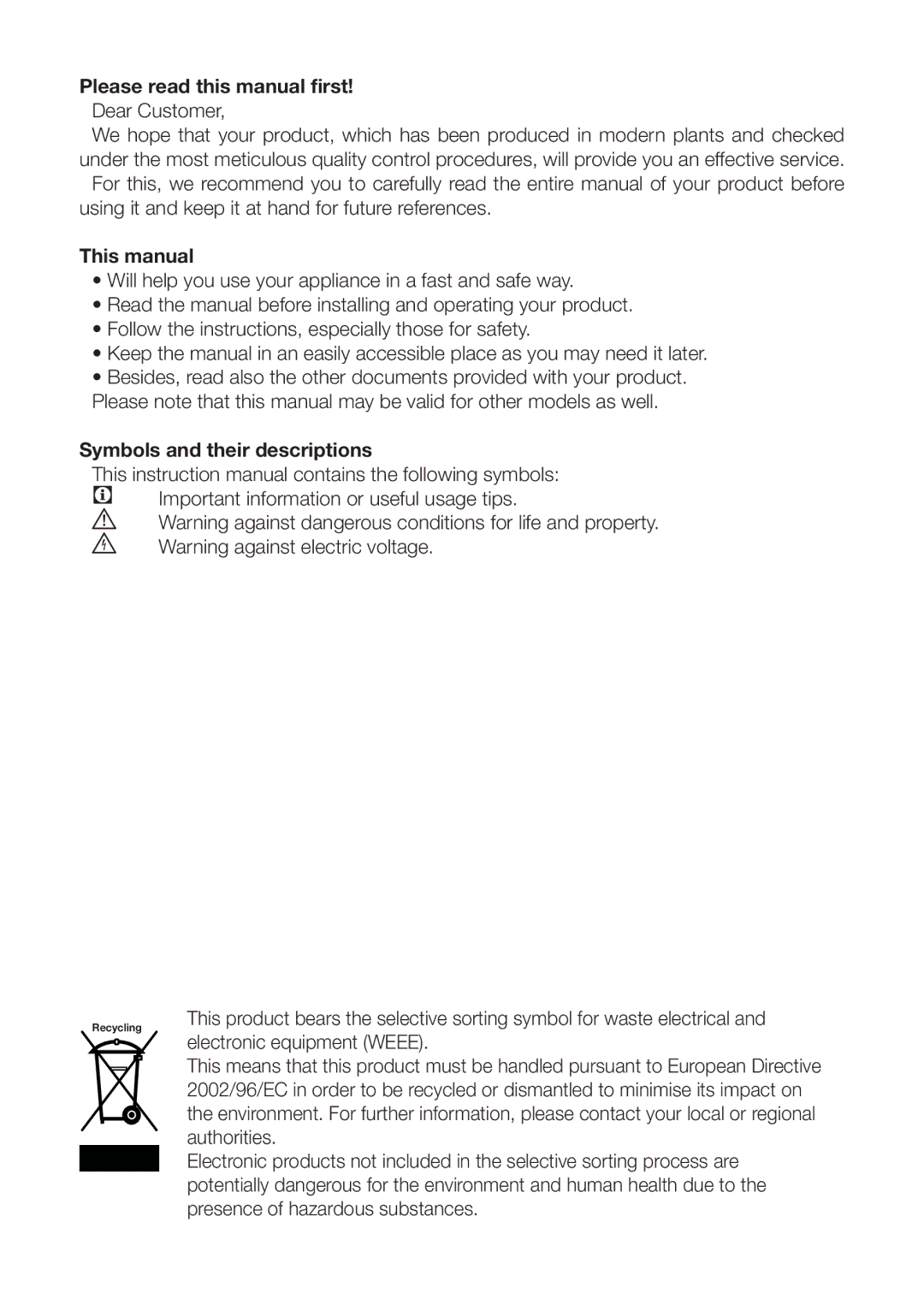 Blomberg DND 9977 PD Please read this manual first, Dear Customer, This manual, Symbols and their descriptions 